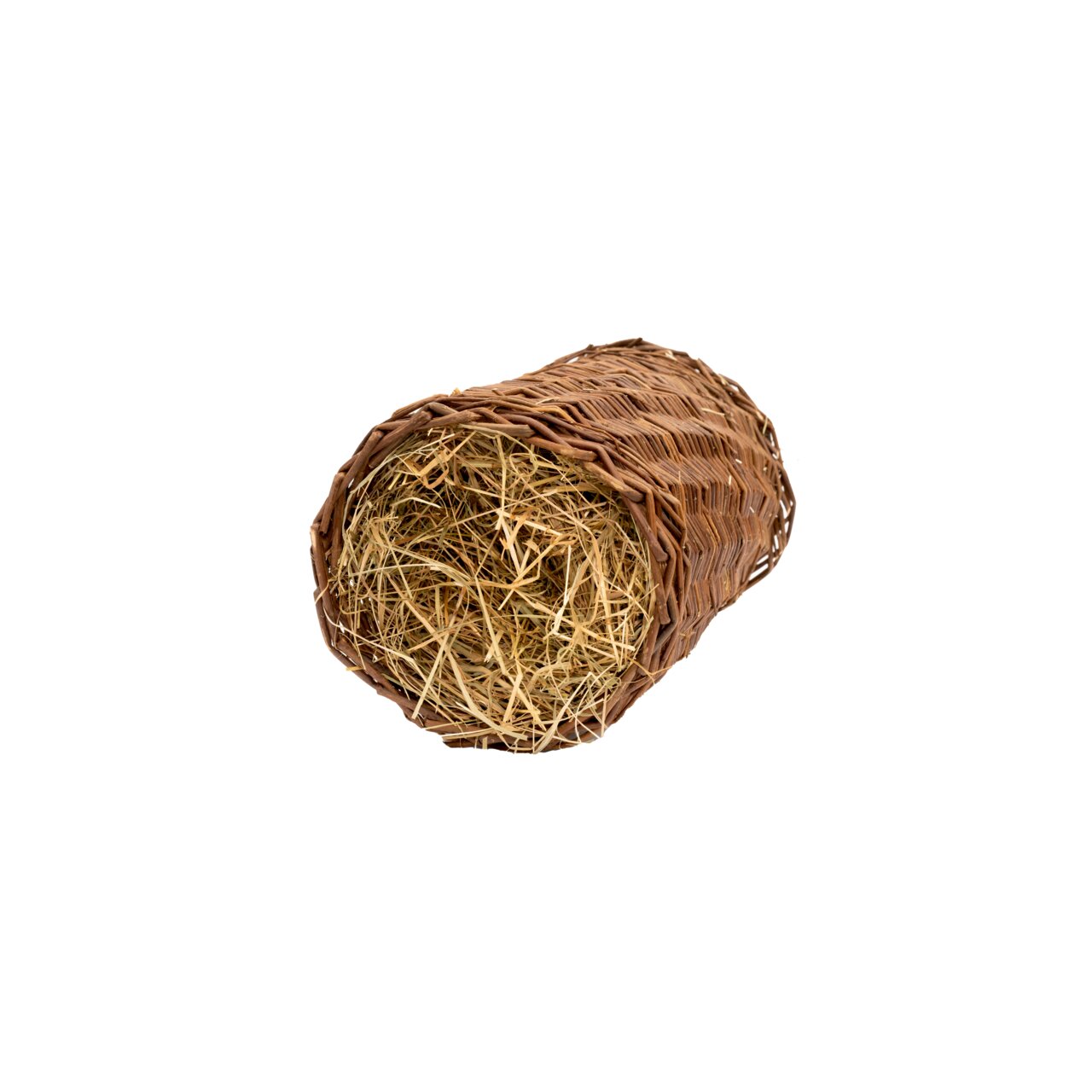 Geflochtener Tunnel aus Naturweide von LOTTIS FREUNDE, gefüllt mit Heu. Für Kaninchen-Meerschweinchen. Fördert Nagen, bietet Beschäftigung.