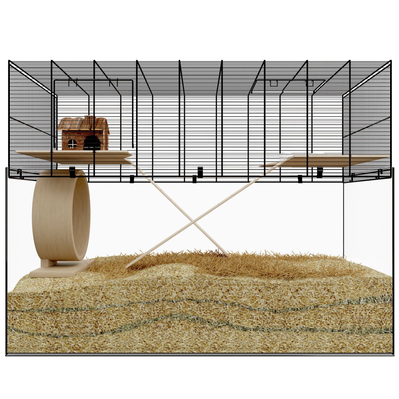Das Bild zeigt den Allpets Kleintierkäfig, geeignet für Nagetiere wie Hamster oder Mäuse. Der Käfig besteht aus einem Glasboden mit Einstreu und einem schwarzen Gitteraufsatz. Er enthält ein Holzlaufrad, ein kleines Holzhaus und zwei Plattformen, die über