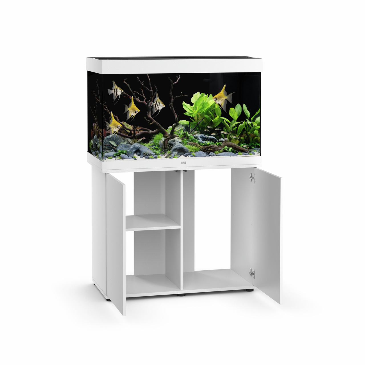 Das Bild zeigt das JUWEL Rio 180 LED Aquarium-Set in Weiß, ein hochwertiges Aquarium für Aquaristik-Enthusiasten. Es ist mit einem geräumigen Unterschrank ausgestattet, der Stauraum für Zubehör bietet. Das Aquarium enthält eine LED-Beleuchtung, einen Biof