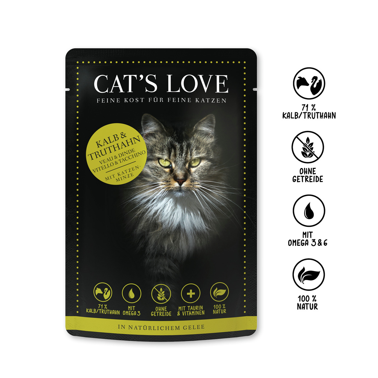 Sparpaket 24 x 85 g Cat's Love Kalb & Truthahn mit Katzenminze Katzen Nassfutter