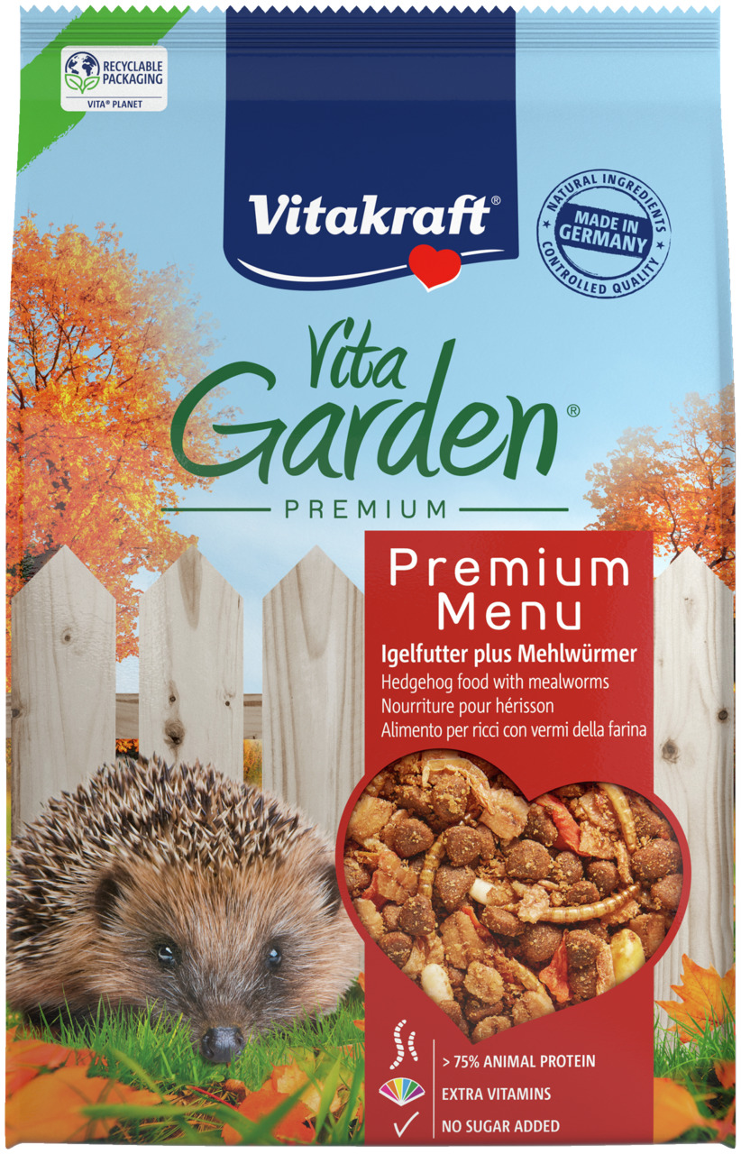 Vitakraft Vita Garden Premium Menu: Igel-Futter mit Mehlwürmern, 75 % tierisches Protein, Vitamine, ohne Zuckerzusatz.