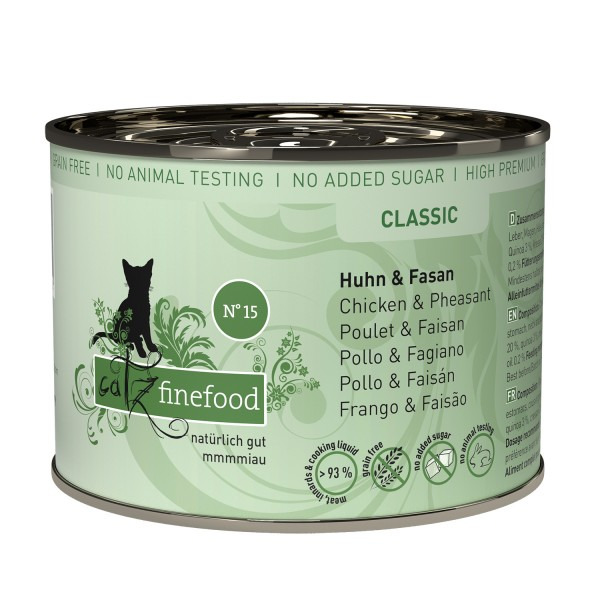 Catz finefood Classic Nr. 15 Katzenfutter, Huhn & Fasan, 200 g, kein Zuckerzusatz, getreidefrei, keine Tierversuche.