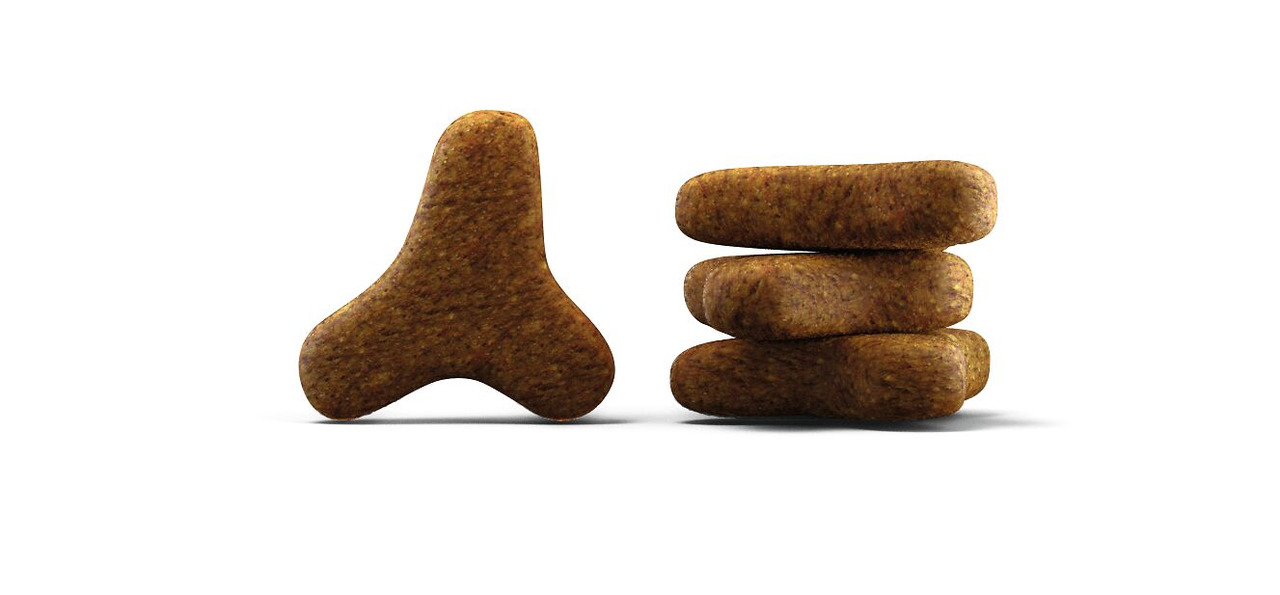 Auf dem Bild sind die Kroketten des Hundefutters „Josera Optiness“ zu sehen, das speziell für ausgewachsene Hunde entwickelt wurde. Die Kroketten haben eine einzigartige dreieckige Form und eine braune Farbe. Das Produkt ist in der Geschmacksrichtung Lamm