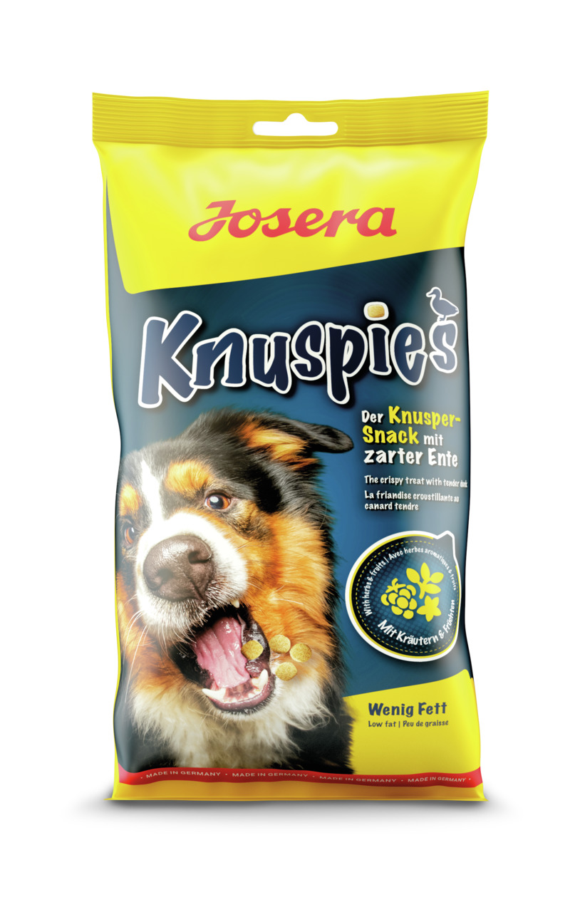 Josera Knuspies Hundesnack, zarte Ente, mit Kräutern & Früchten, wenig Fett, 125g.
