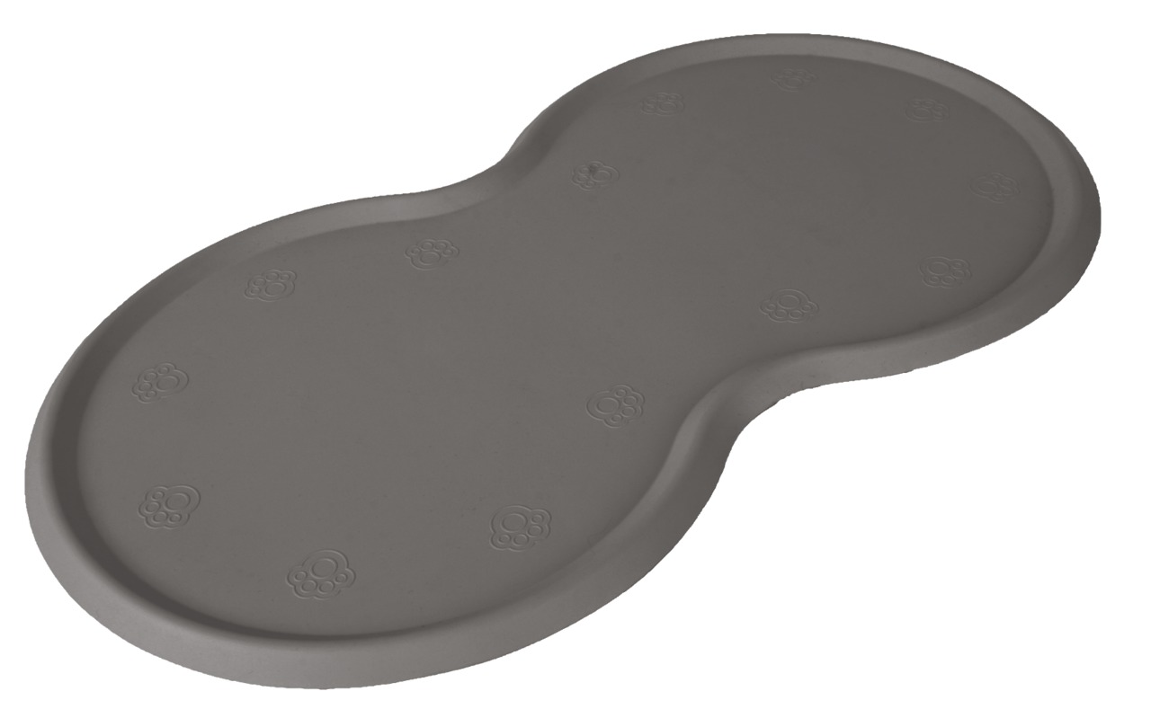 Graue Napfunterlage von TRIXIE in Knochenform, ideal für Hunde und Katzen. Die rutschfeste Unterlage schützt den Boden vor Futter- und Wasserspritzern. Mit dekorativen Pfotenmotiven versehen. Aus flexiblem, leicht zu reinigendem Material. Maße: ca. 48 x 2