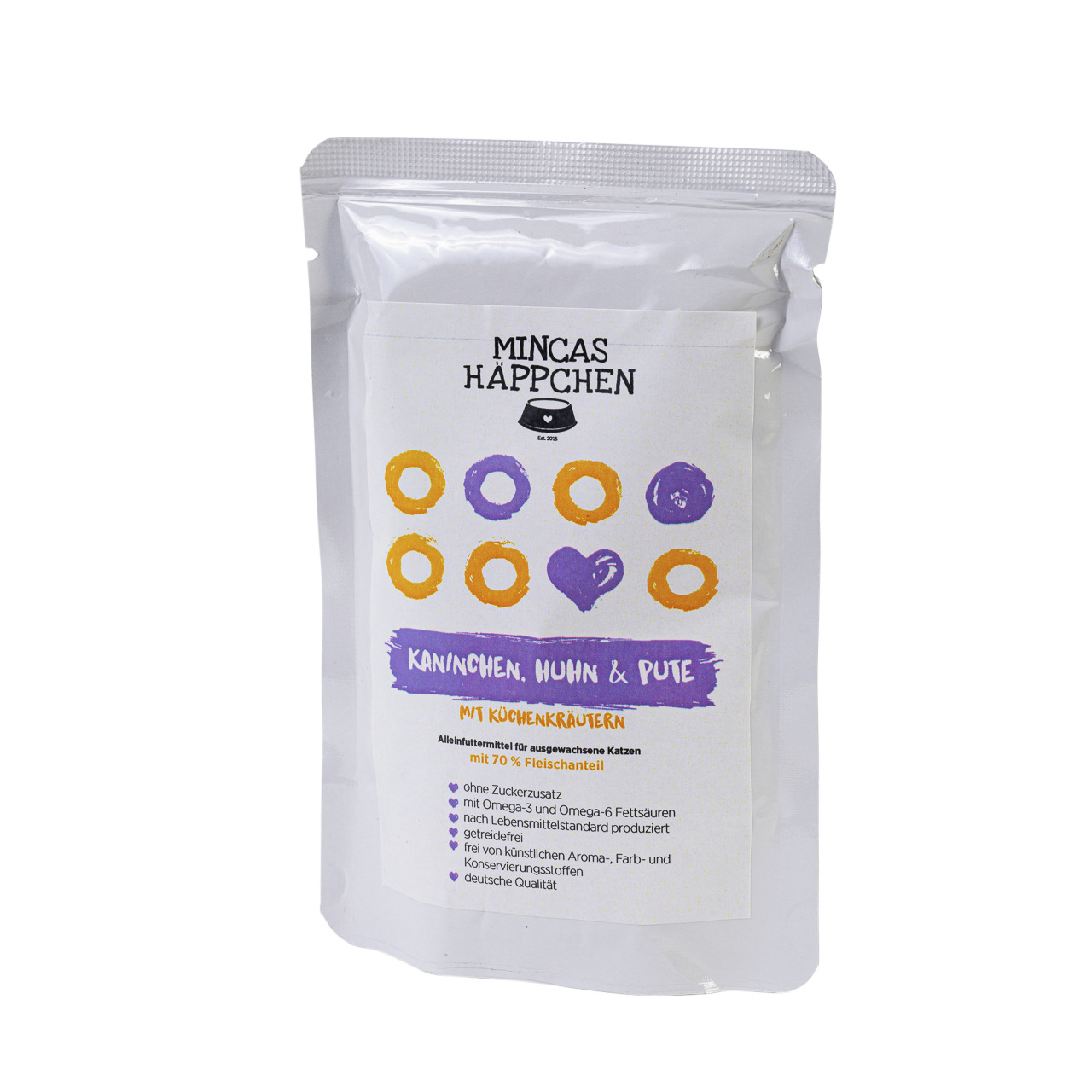 Mincas Häppchen, Kaninchen-Huhn-Pute, für ausgew. Katzen, 70 % Fleisch, ohne Zucker-Getreide, 400 g, Omega-3--6, dt. Qualität.