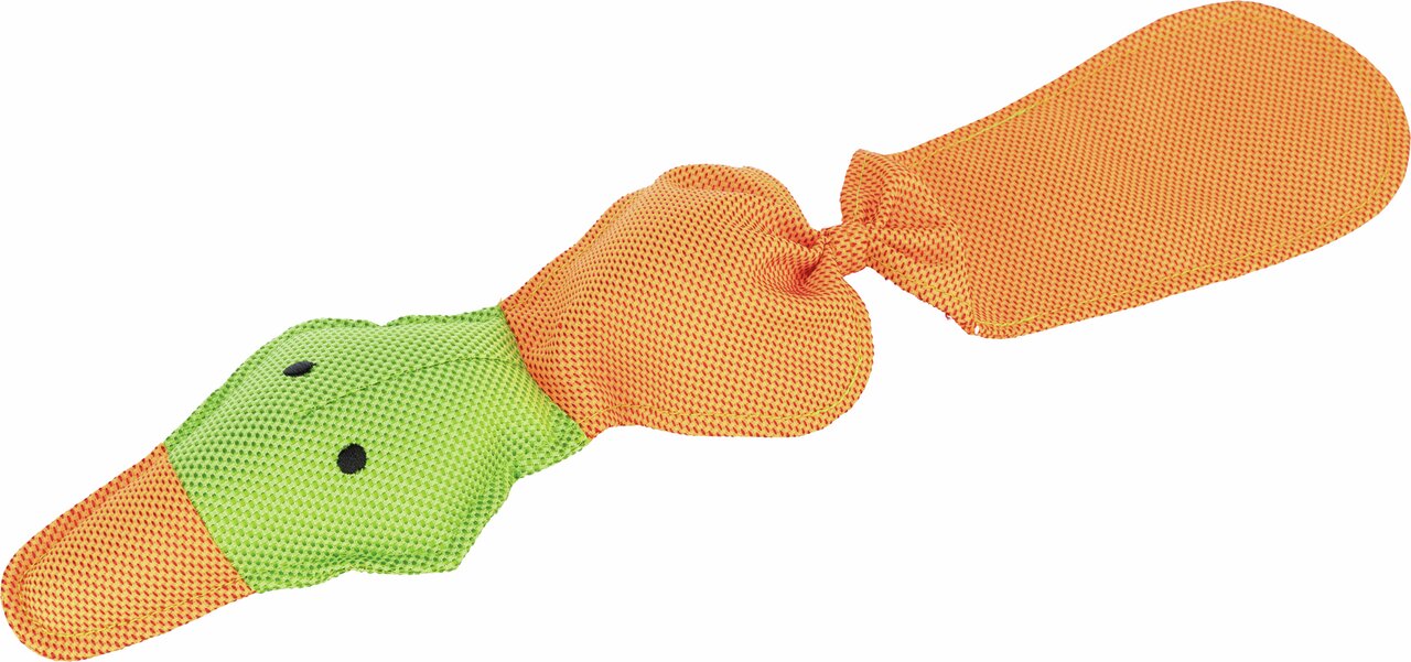 TRIXIE Hundespielzeug Ente aus Netzmaterial, schwimmfähig, für Hunde, orange-grün, ideal für Spielspaß im Wasser.