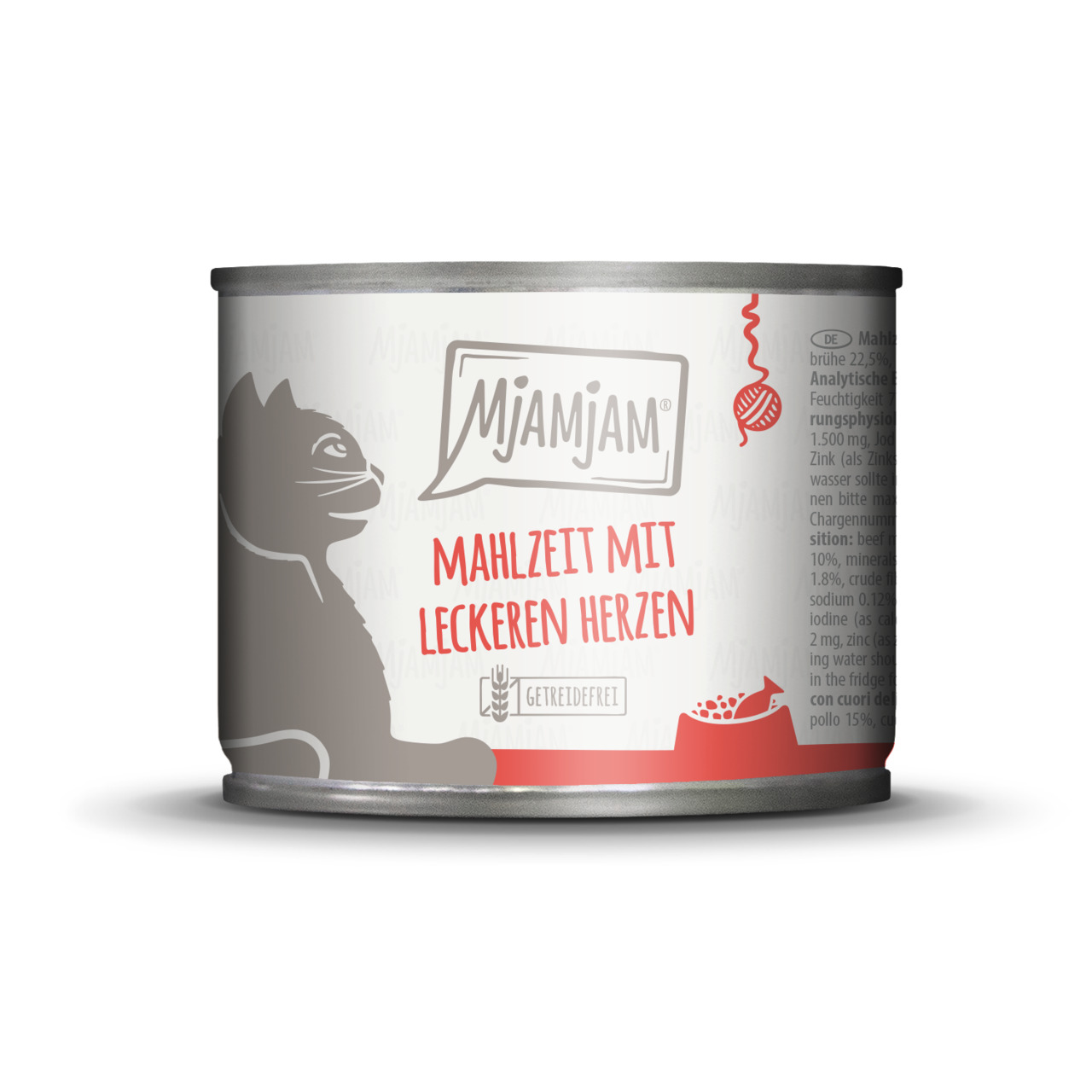 MjAMjAM Katzenfutter, Herz, getreidefrei, 400 g, speziell für Katzen, „Mahlzeit mit leckeren Herzen“, stilisiertes Katzenmotiv.