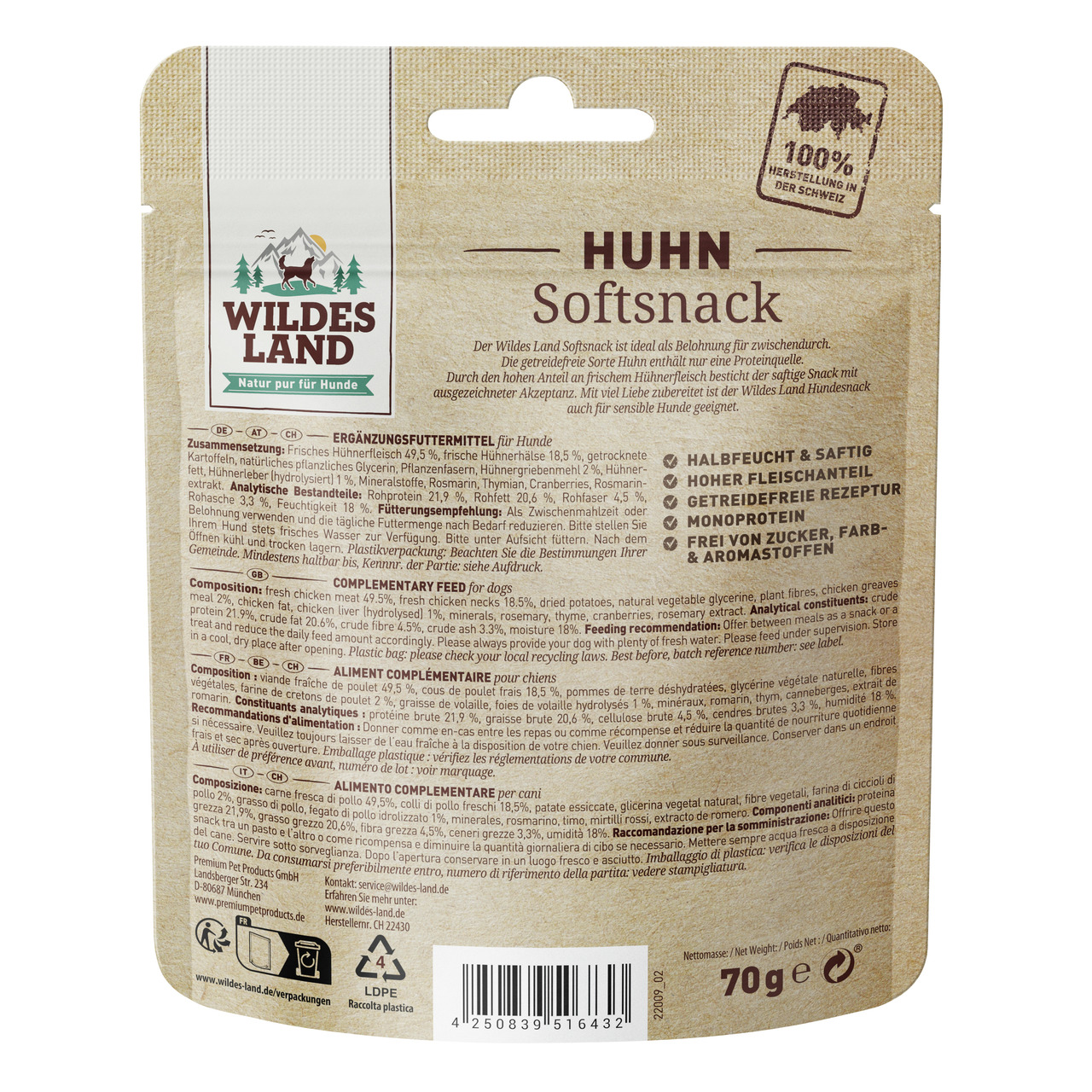 WILDES LAND Snack Soft Huhn 70 g