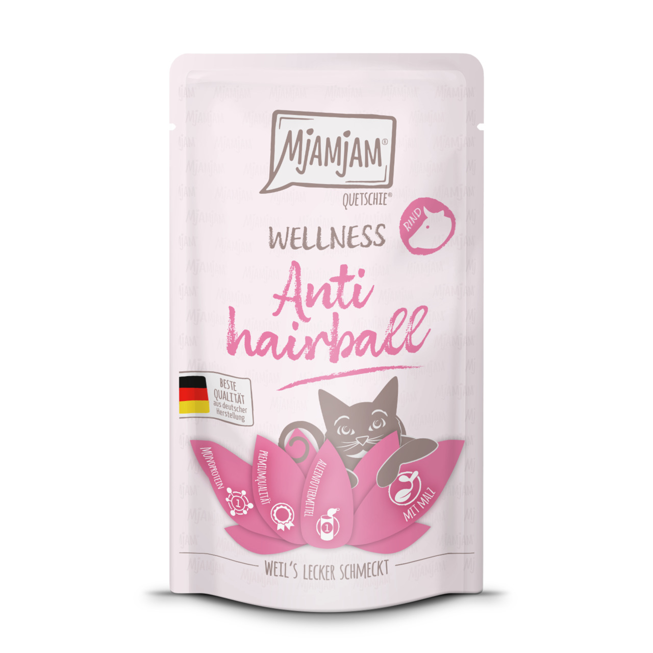 MJAMJAM Wellness Anti-Hairball, Katzenfutter mit Malz gegen Haarballen, dt. Qualität, rosa Quetschpackung, speziell für Katzen.