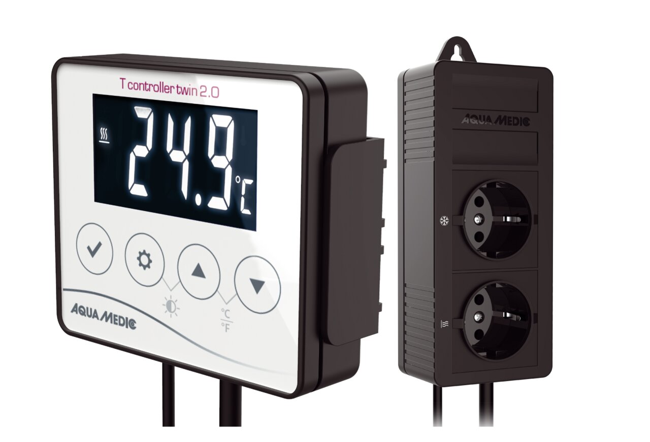 Aqua Medic T Controller Twin 2.0: Digitales Temp.-Kontrollgerät f. Aquarien, großes Display, 2 Steckdosen, f. Heiz--Kühlgeräte.