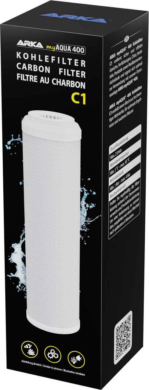ARKA myAQUA 400 Kohlefilter (C1), Wasseraufbereitung, entfernt Schadstoffe, 2 L-Min, 5-45 °C, schwarze Verpackung, weißes Filterelement.