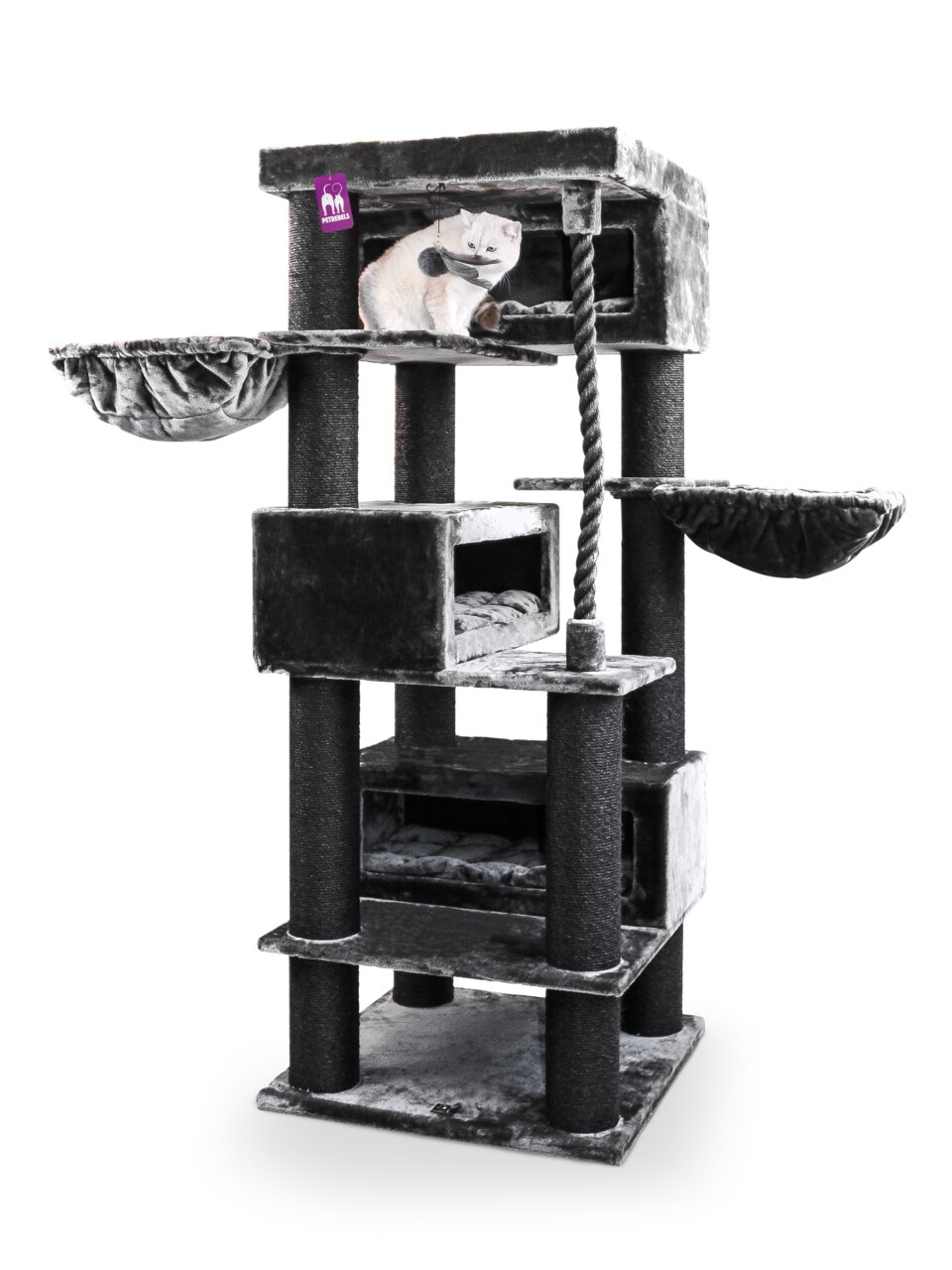 Kratzbaum Petrebels, für Katzen, dunkelgrau, mit Ebenen, Höhlen, Hängematten, Sisalstämmen & Seil. Robust, ideal für Spiel & Ruhe.