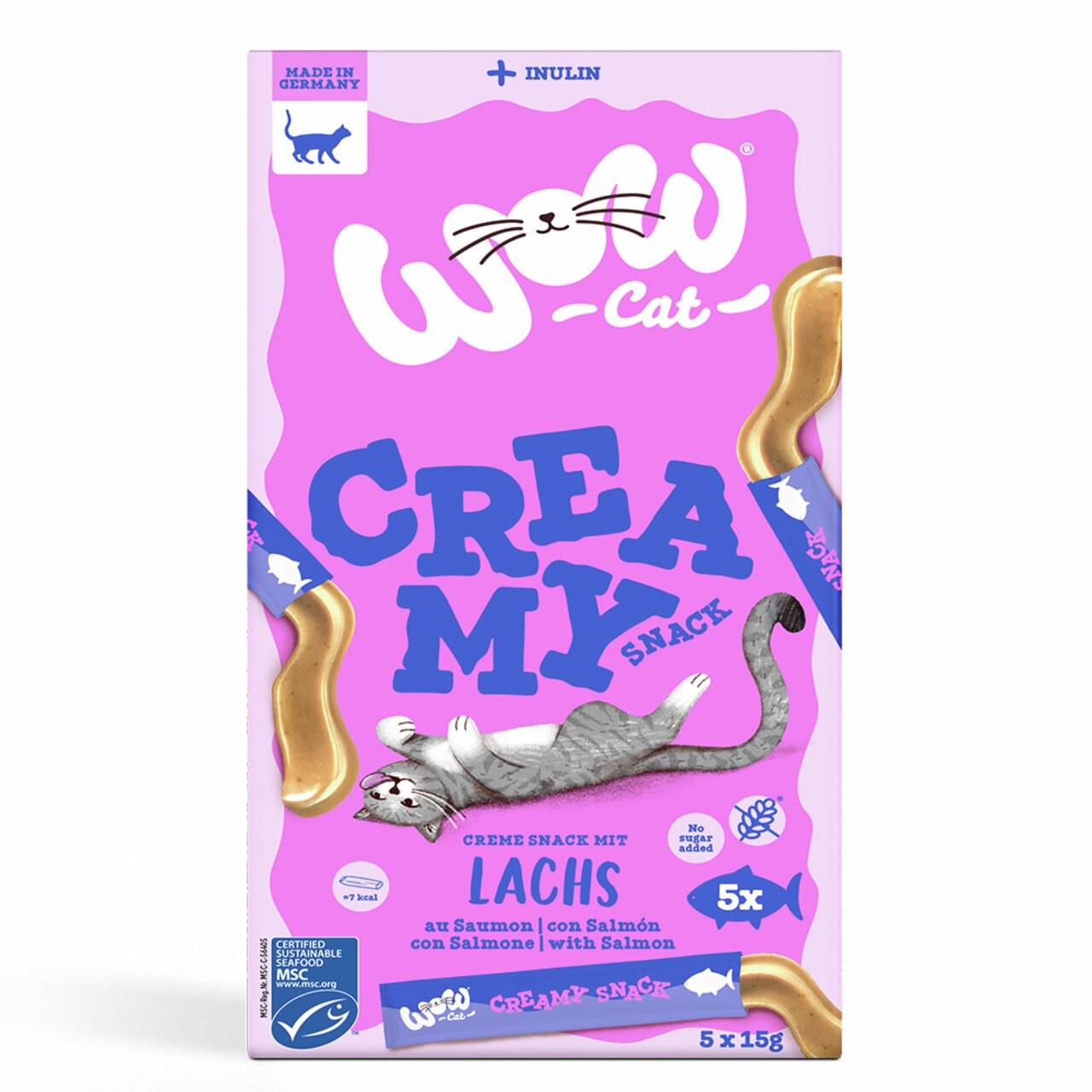 WOW Cat Creamy Snack für Katzen, Geschmacksrichtung Lachs, ohne Zuckerzusatz, 5x15g, ideal als Belohnung oder Snack.