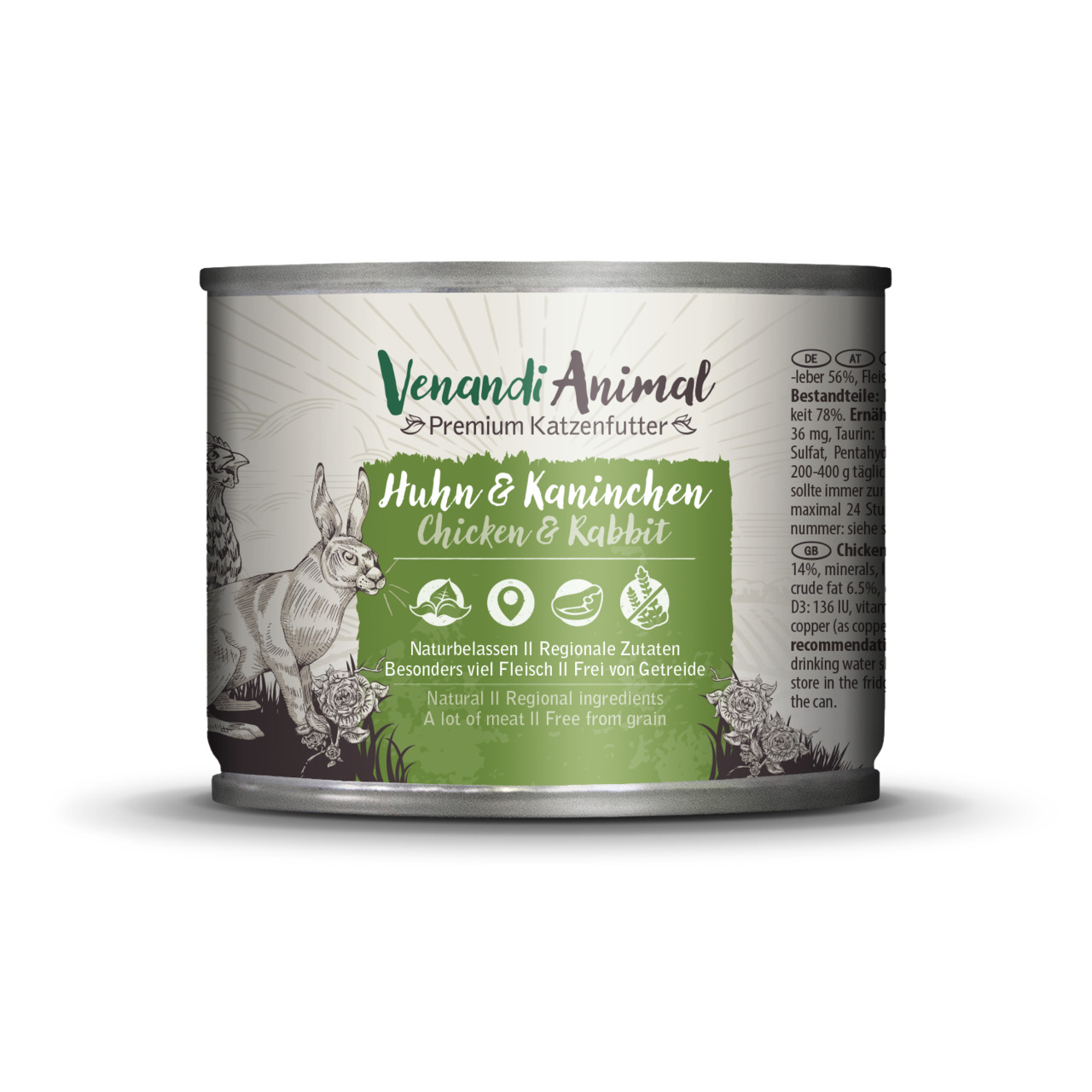 Venandi Animal Katzenfutter Huhn & Kaninchen, 200 g: Naturbelassen, regionale Zutaten, viel Fleisch, getreidefrei.