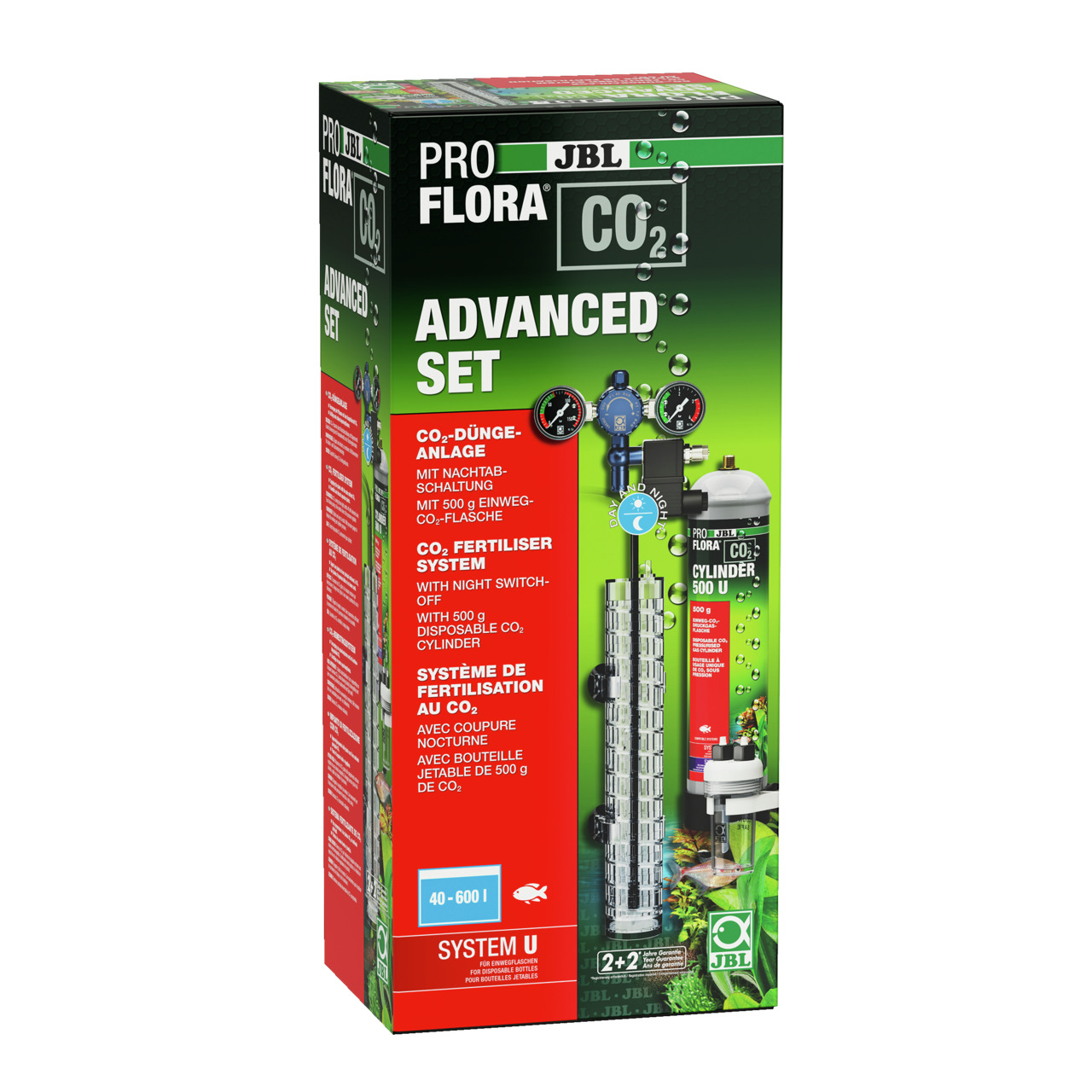 Das Bild zeigt das JBL ProFlora CO2 Advanced Set, ein CO2-Düngesystem für Aquarienpflanzen. Es enthält eine 500 g Einweg-CO2-Flasche, einen Präzisionsdruckminderer mit Nachtabschaltung und einen CO2-Reaktor. Geeignet für Aquarien von 40 bis 600 Litern. Fö