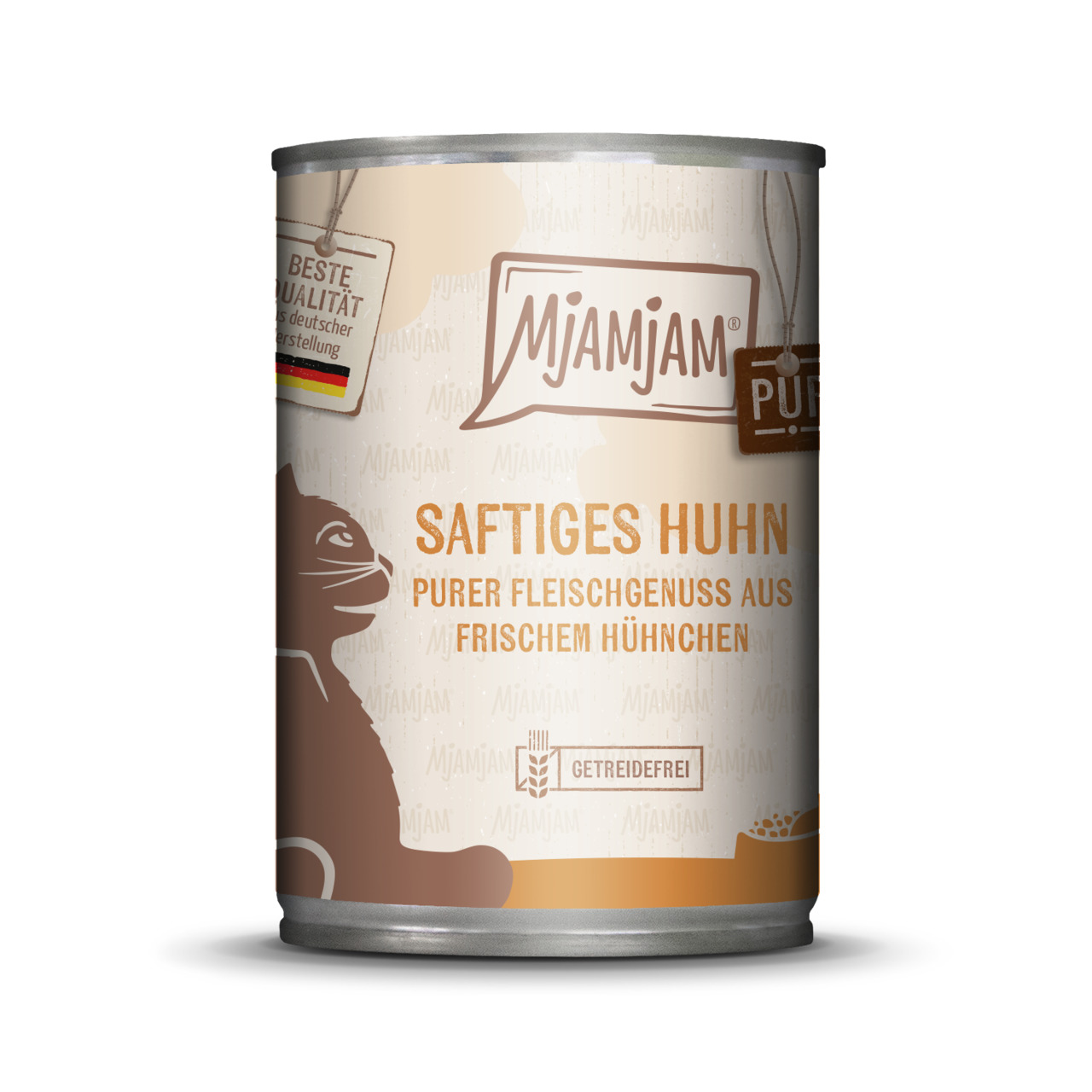 MJAMJAM Katzenfutter "Saftiges Huhn", getreidefreies Nassfutter, frisches Hühnerfleisch, 400g, beste Qualität aus deutscher Herstellung.