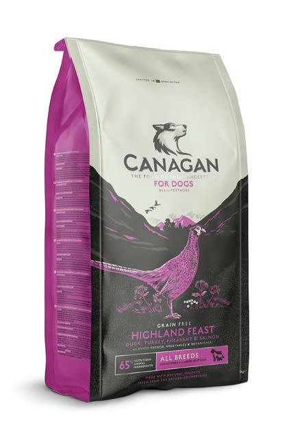 Canagan Highland Feast, Hundefutter für alle Rassen, Ente/Truthahn/Fasan/Lachs, getreidefrei, 65 % tierische Zutaten.