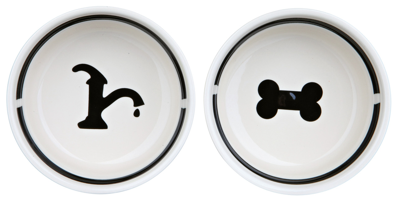 TRIXIE Keramiknäpfe für Hunde, 2er-Set: 1x Wasser (Symbol Wasserhahn), 1x Futter (Knochenmotiv), robust, leicht zu reinigen, modern.