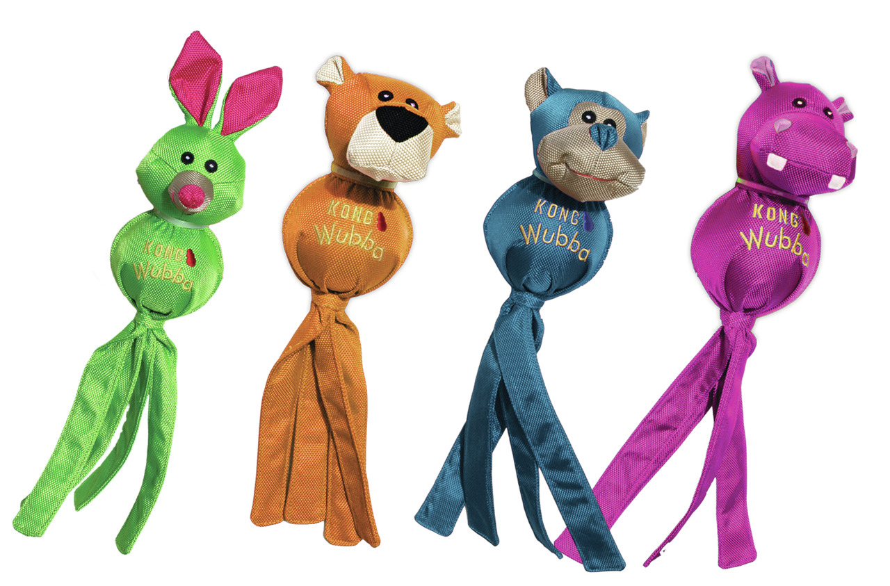 KONG Wubba Hundespielzeuge, Tierformen (Hase, Löwe, Bär, Nilpferd), robust, mit Stoffbändern, für Zerr-/Wurfspiele, aktiv+Kauen.