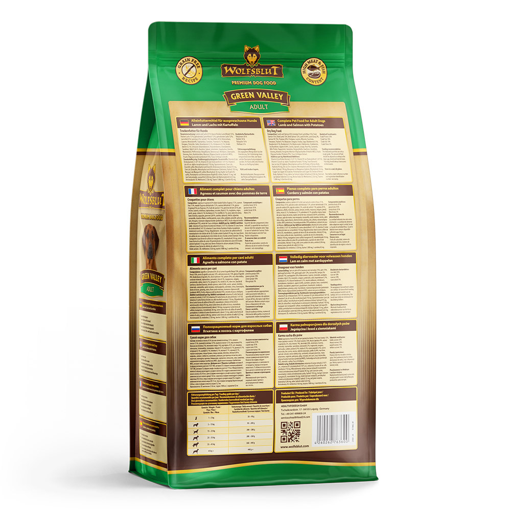 Wolfsblut Green Valley Adult, Trockenfutter f. Hunde, Lamm & Lachs m. Kartoffeln, 15 kg, getreidefrei, reich an natürlichen Inhaltsstoffen.