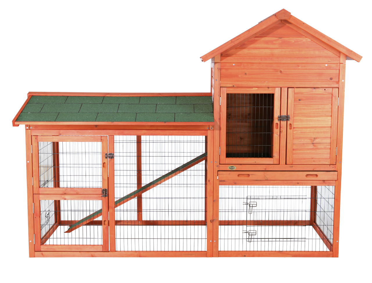 TRIXIE Kleintierstall Natura, für Kaninchen & Kleintiere, wetterfestes Holz, grünes Dach, mit Freilauf, inkl. Rampe.
