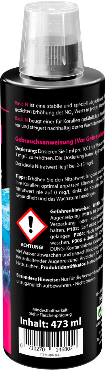 ARKA Basic N Nitrat-Zusatz für Meerwasseraquarien mit Korallen, erhöht NO3-Wert gezielt, Inhalt 473 ml.