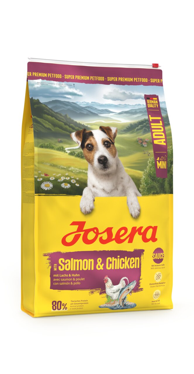 Josera Adult Mini Salmon & Chicken, Hundefutter für kleine Hunde, Geschmacksrichtung Lachs & Huhn, 80% tierisches Eiweiß.