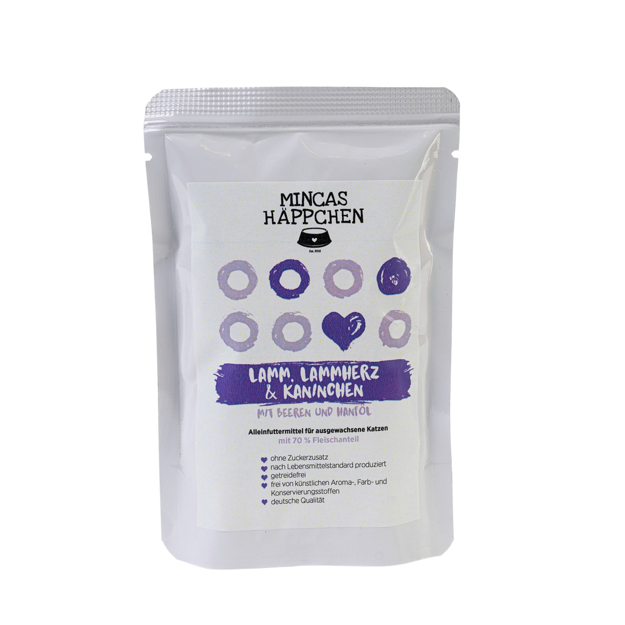 Mincas „MINCAS HÄPPCHEN“ für Katzen, Sorte Lamm, Lammherz & Kaninchen, 70 % Fleisch, getreidefrei, ohne Zucker, 125 g.