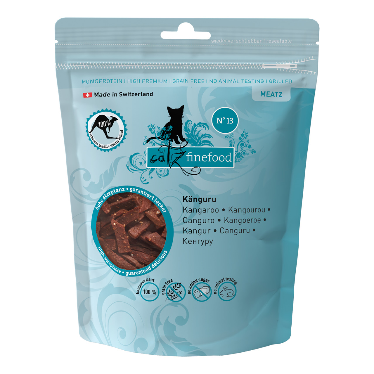Catz finefood Meatz N°13, Katzen, Kängurufleisch, getreidefrei, ohne Zuckerzusatz, ohne Tierversuche, wiederverschließbar, 100 g.