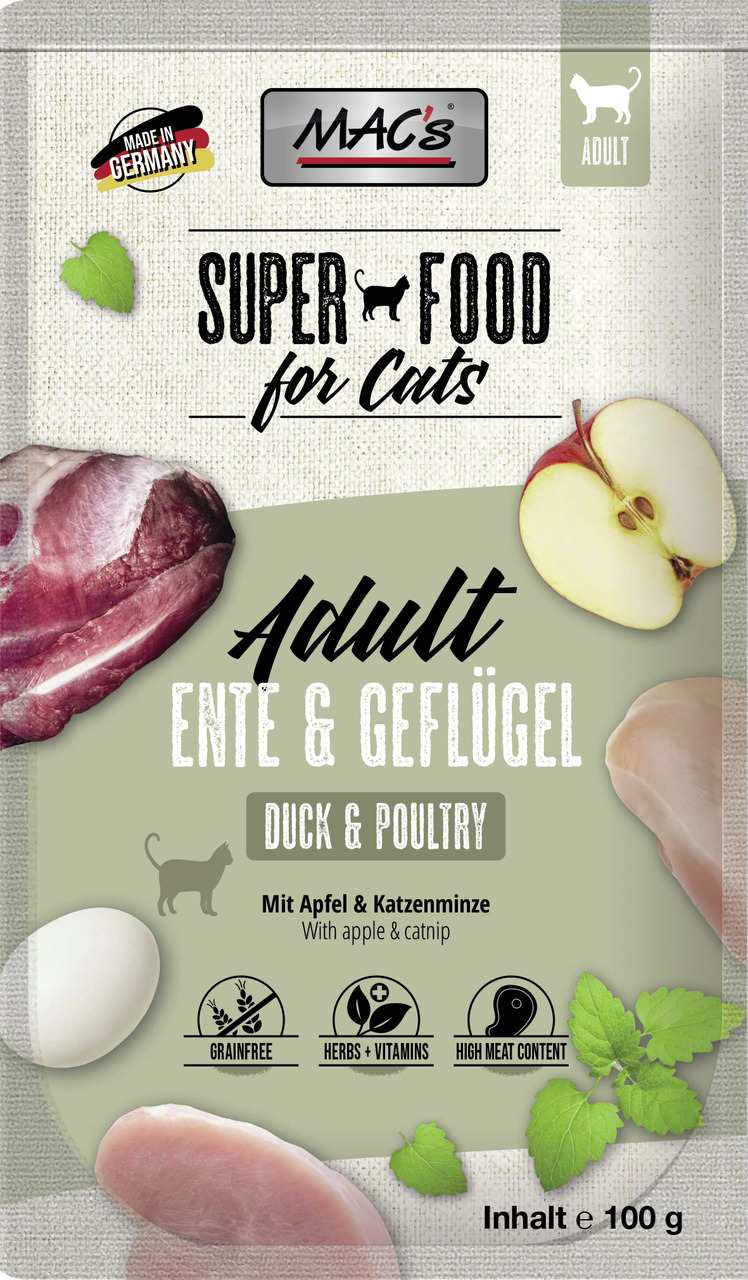 Das Bild zeigt eine Verpackung des Katzenfutters „MAC's Superfood for Cats“ in der Sorte „Adult Ente & Geflügel“. Es ist für erwachsene Katzen geeignet und enthält die Geschmacksrichtung Ente und Geflügel, ergänzt durch Apfel und Katzenminze. Die Verpacku