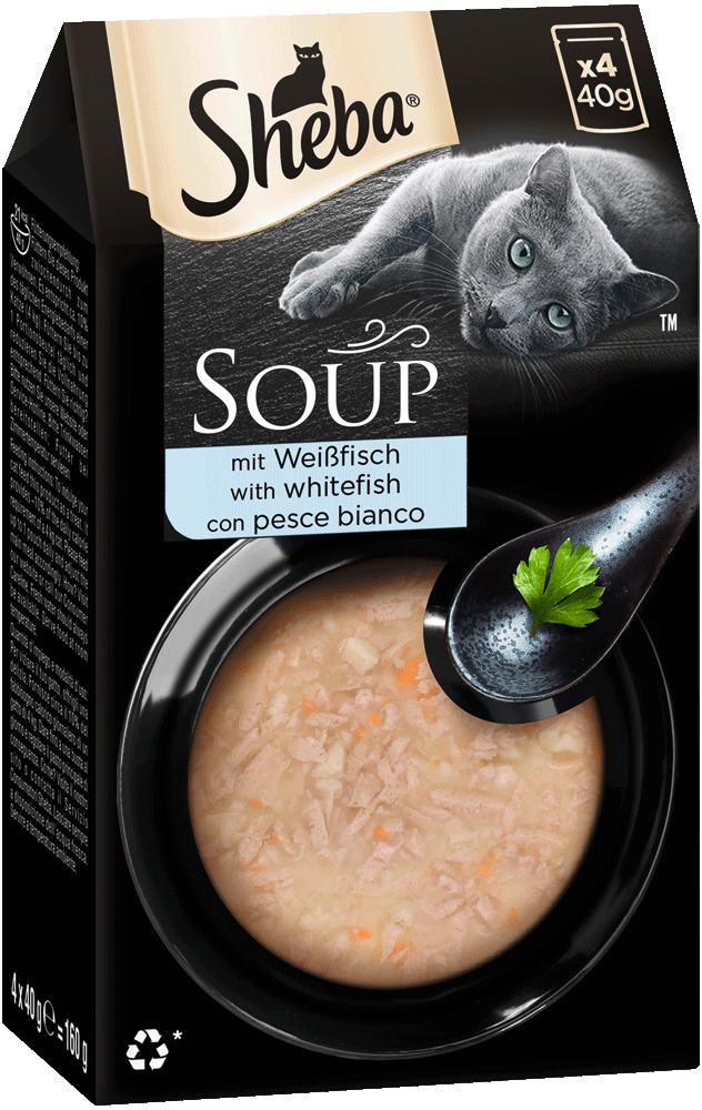 Sheba Soup Weißfisch, Katzen, 4x40g (160g), zarte Suppe für entspanntes Genießen.