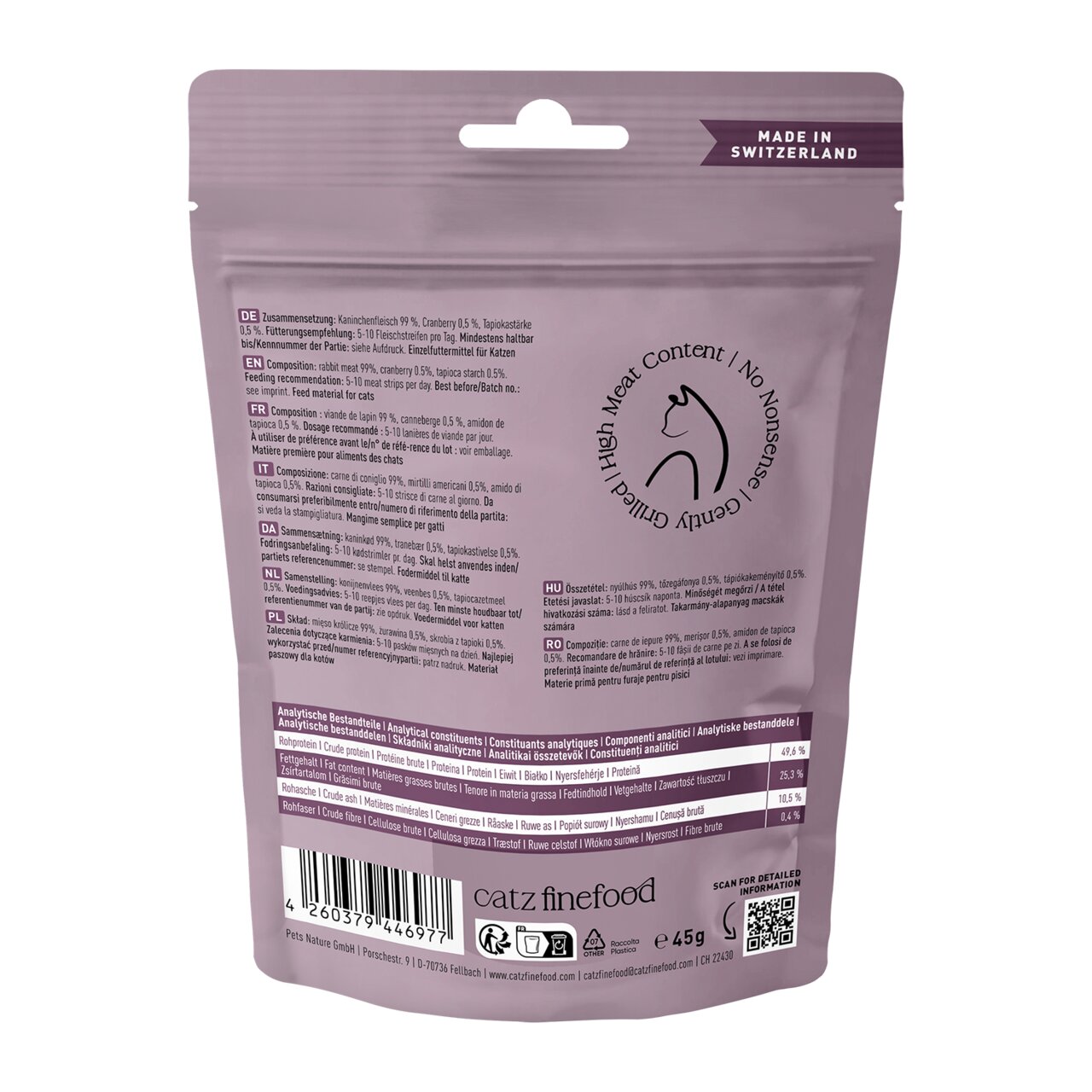Catz finefood Knabbersnack für Katzen, Kaninchen, 45 g, hoher Fleischanteil, getreidefrei, hergestellt in der Schweiz.