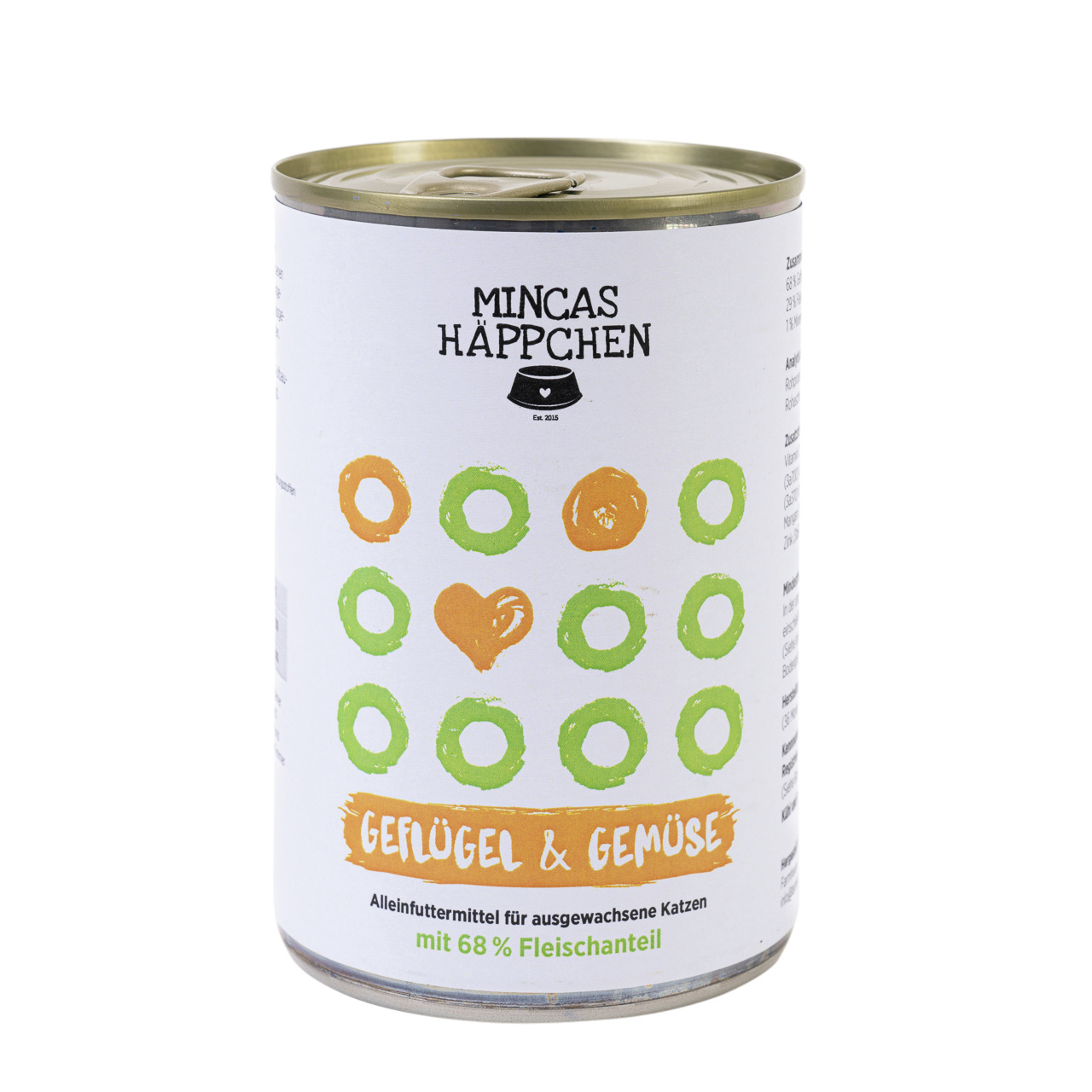 Mincas Häppchen Katzenfutter Geflügel & Gemüse, Alleinfutter f. ausgew. Katzen, 68 % Fleisch, weiße Dose mit bunten Kreisen & Herz.