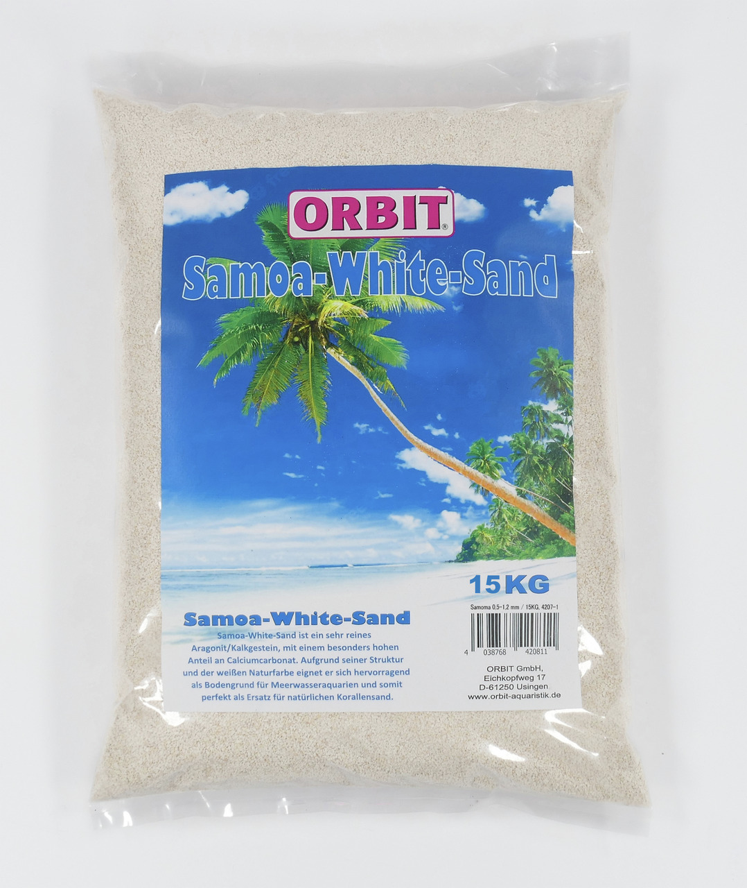 ORBIT Samoa-White-Sand, 15 kg, Bodengrund für Meerwasseraquarien, Aragonit/Kalkgestein, hoher Calciumcarbonat-Anteil.