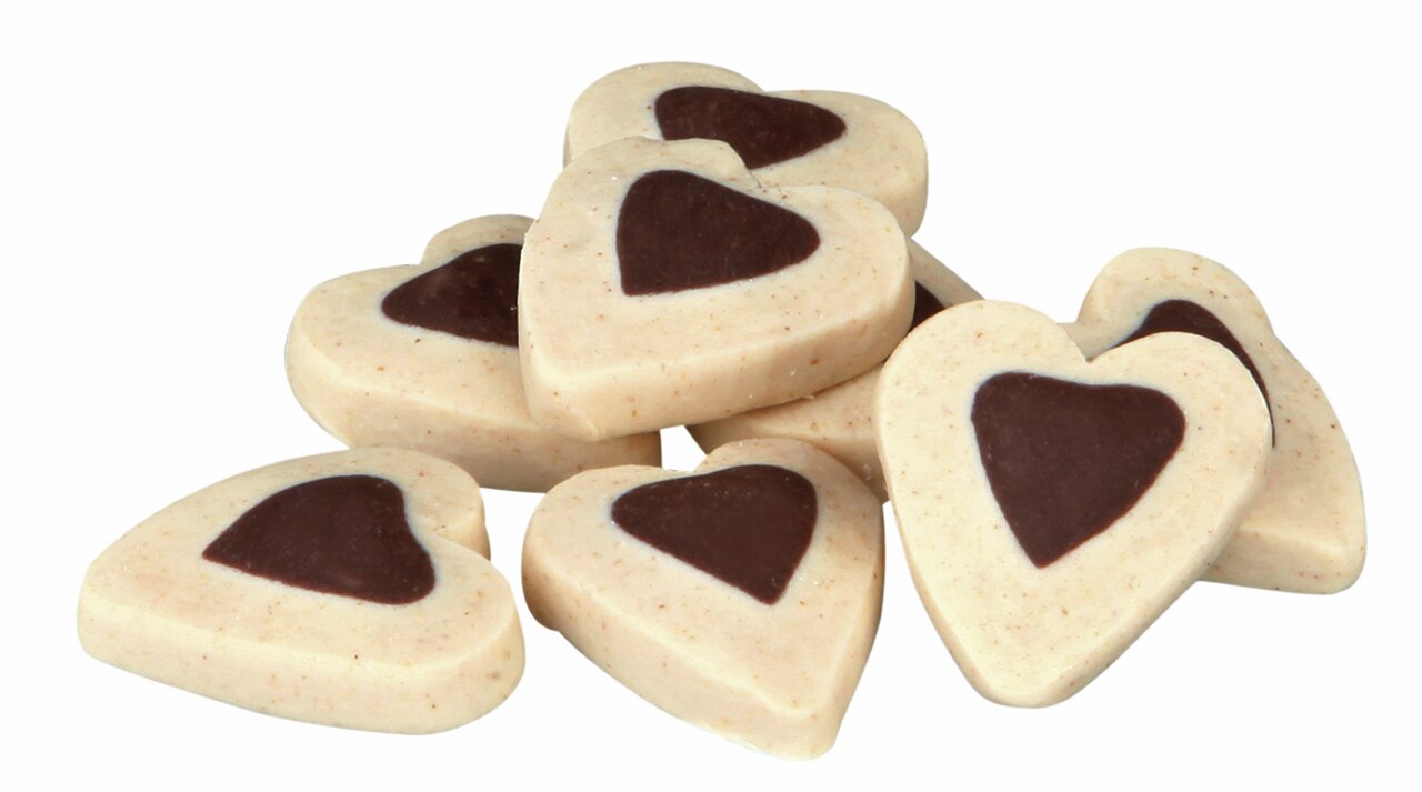 TRIXIE Herz-Hundesnacks, für alle Hunde, Geschmack Milch & Kakao, helle Basis mit dunklem Kern, ideal als Belohnung-Snack.