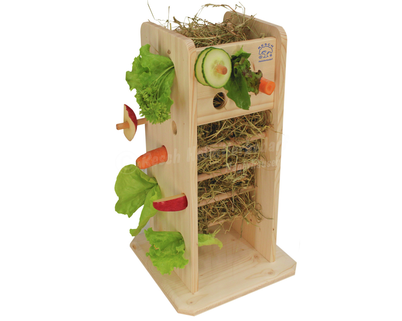 Resch Heuraufe-Turm, Futterzubehör für Kaninchen-Meerschweinchen, Holz, für Heu+Gemüse (Salat, Gurken, Karotten, Äpfel), artgerecht.