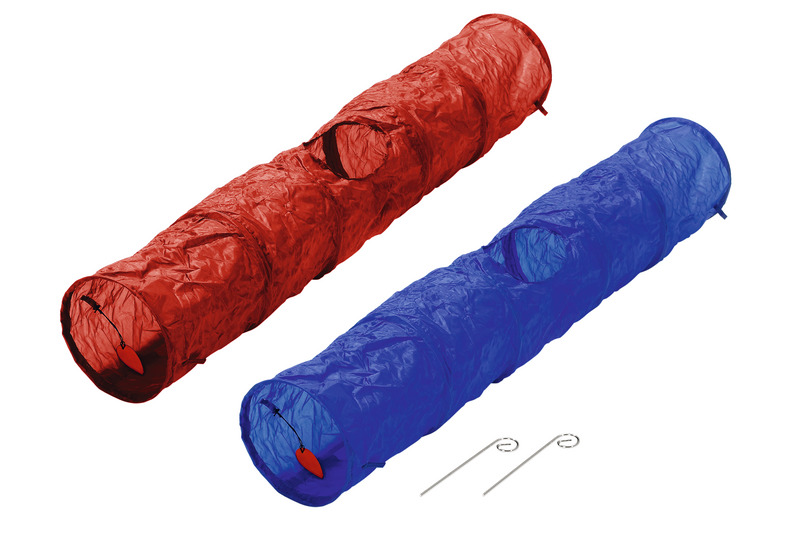Karlie Spieltunnel für Katzen, Rot-Blau, mit seitl. Einstieg & Spielzeug, für alle Altersgruppen, 2 Stangen, drinnen & draußen.