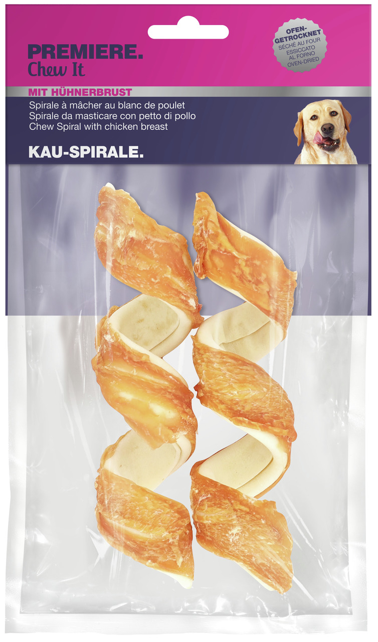 Das Bild zeigt eine Verpackung des Produkts "PREMIERE Chew It Kau-Spirale mit Hühnerbrust". Es handelt sich um einen Kausnack für Hunde. Die Spiralen bestehen aus getrocknetem Hühnerbrustfilet und einer Kaubasis. Die Verpackung enthält zwei Spiralen und h