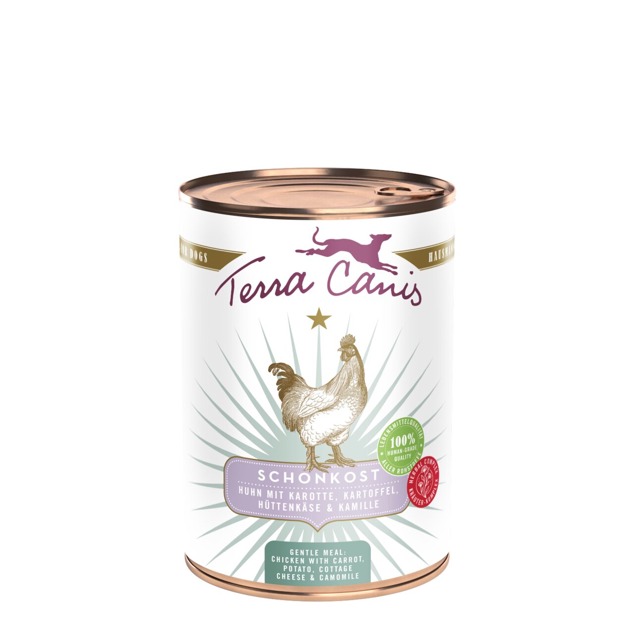 Terra Canis Schonkost Huhn mit Karotte, Kartoffel, Hüttenkäse & Kamille für Hunde, 400 g, 100 % Lebensmittelqualität.