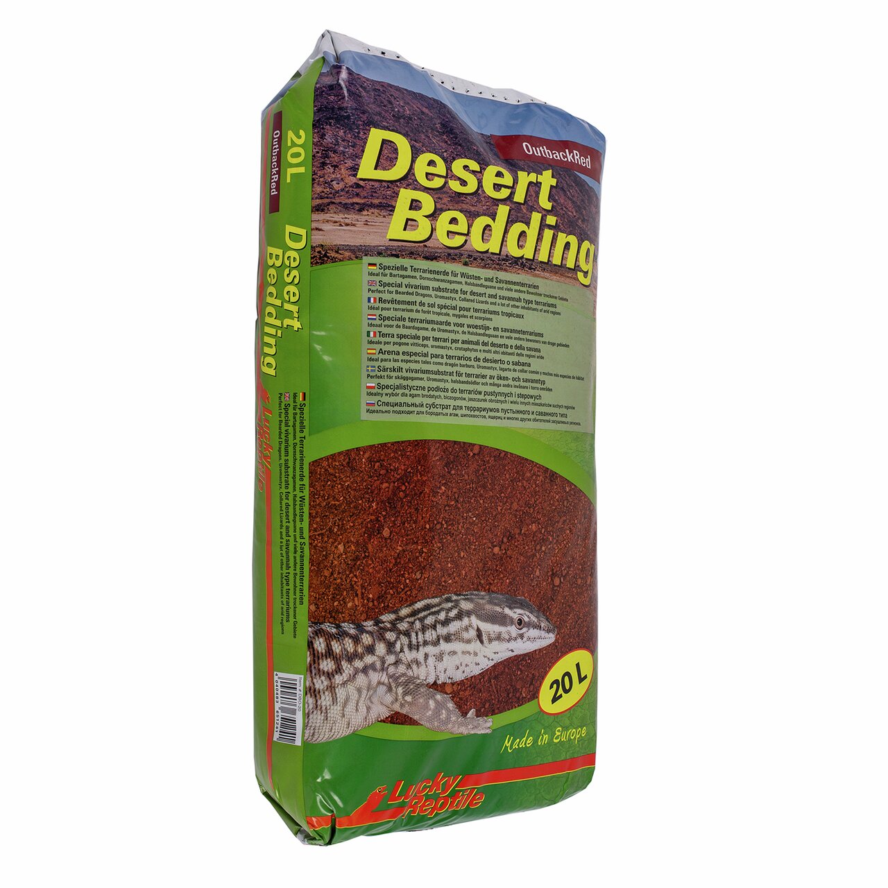 Lucky Reptile Desert Bedding, 20L, Terrariensubstrat für Wüsten-/Steppentiere, „Made in Europe“, mit Wüstenhintergrund & Echse.