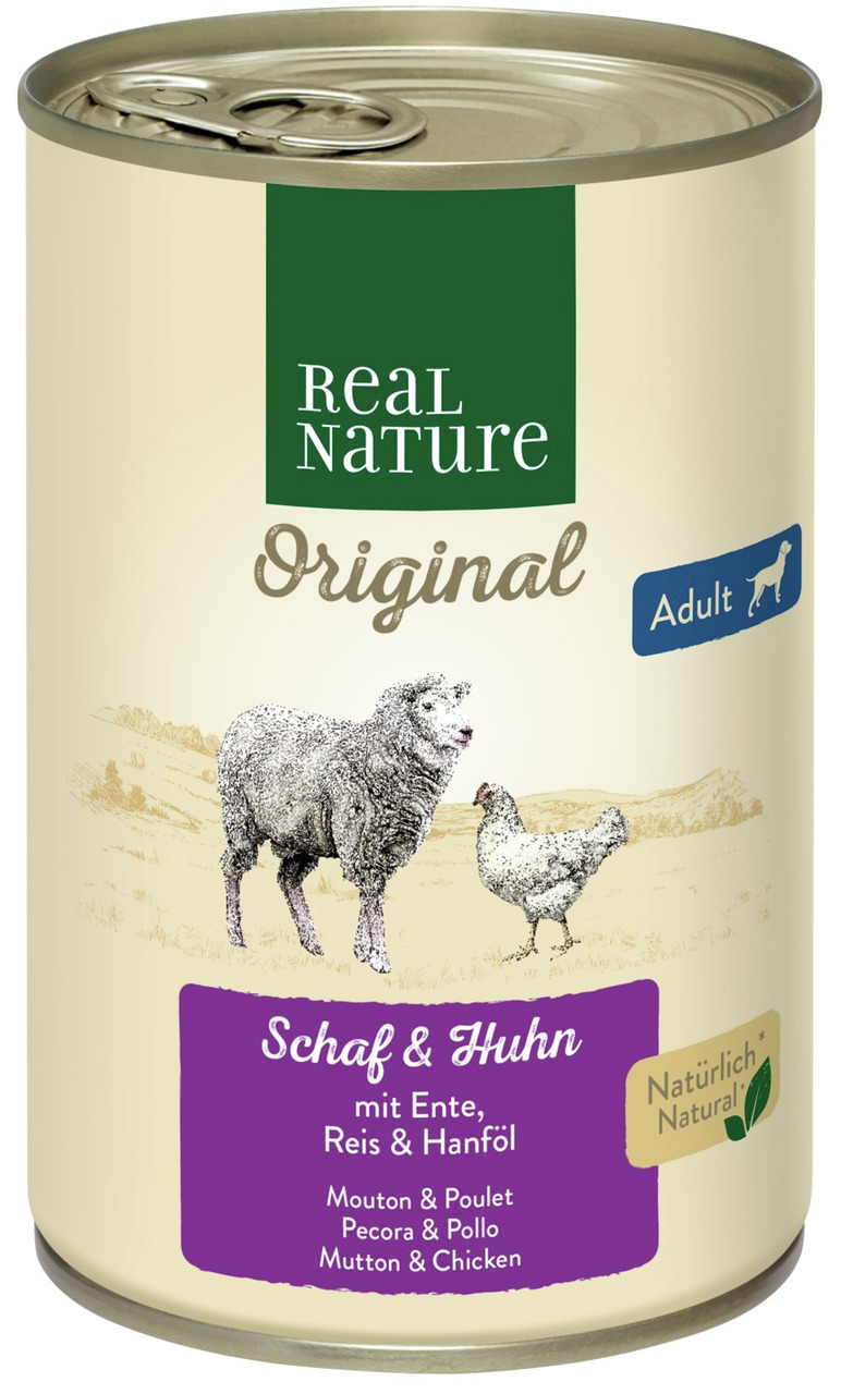 Real Nature Original Hundefutter, erw. Hunde, Schaf & Huhn mit Ente, Reis, Hanföl, 400 g, natürl., ohne künstl. Zusätze.