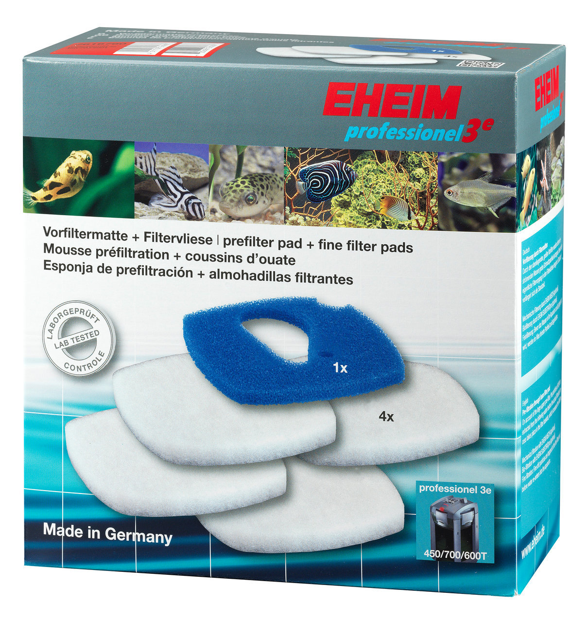 Das Bild zeigt die Verpackung des EHEIM professionel 3e Filtermedien-Sets, geeignet für Aquarienfilter der Modelle 450, 700 und 600T. Enthalten sind eine blaue Vorfilzmatte (1x) und vier weiße Feinfiltervliese (4x). Zielgruppe sind Aquarienbesitzer. Herge