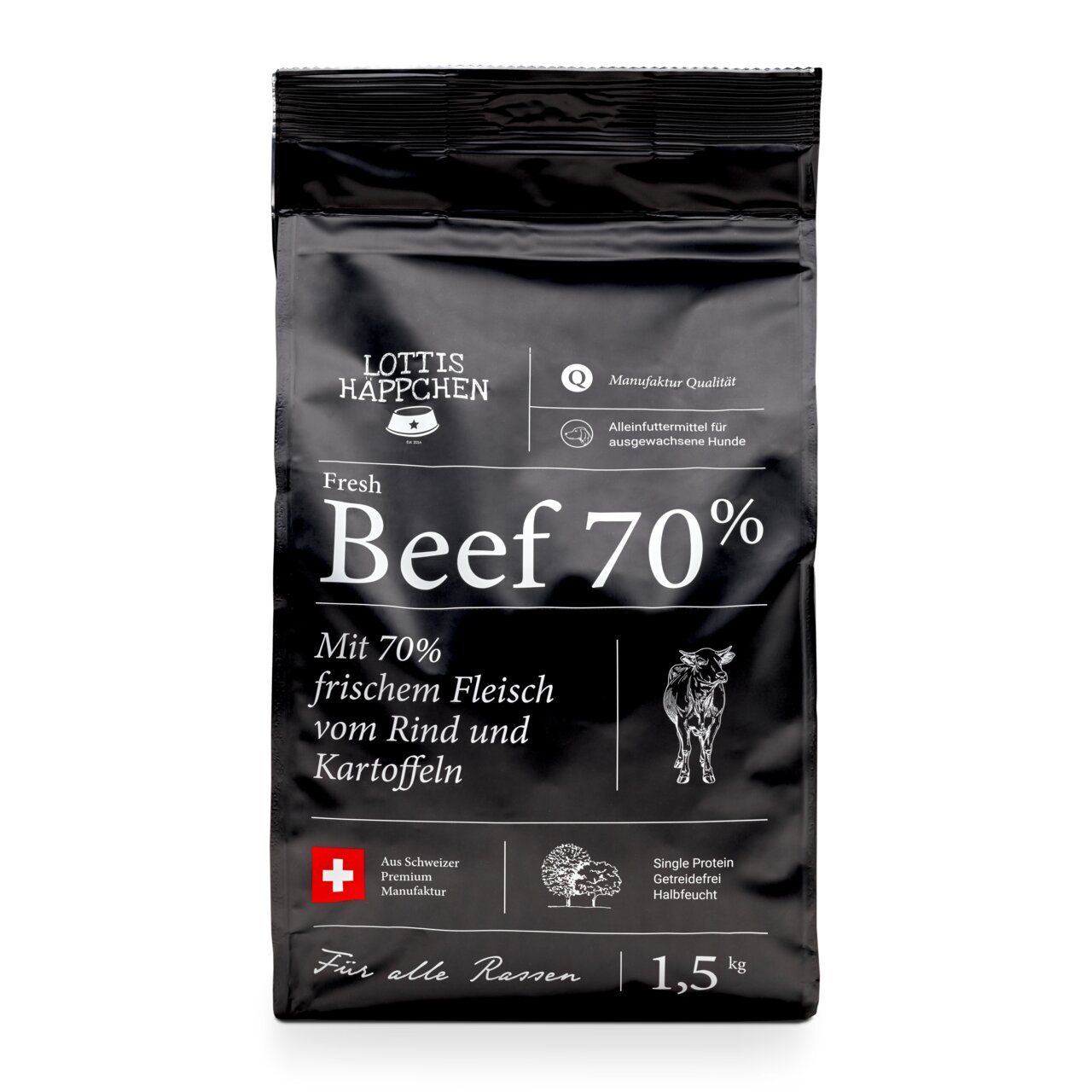 Lottis Häppchen Fresh Beef 70%, Alleinfutter f. erw. Hunde, Rind+Kartoffeln, getreidefrei, Single Protein, 1,5 kg, Premium-Manufaktur.