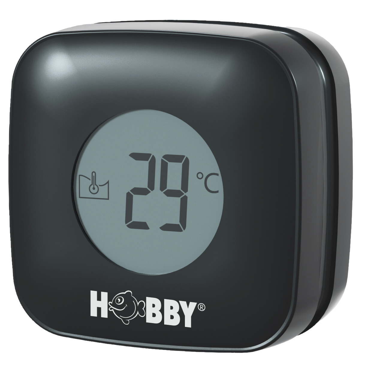 Das Bild zeigt das digitale Aquarium-Thermometer der Marke HOBBY, Modell mit der EAN 4011444616708. Es ist speziell für Aquarienbesitzer entwickelt und zeigt eine Temperatur von 29°C auf einem gut lesbaren Display an. Das kompakte, schwarze Design passt o