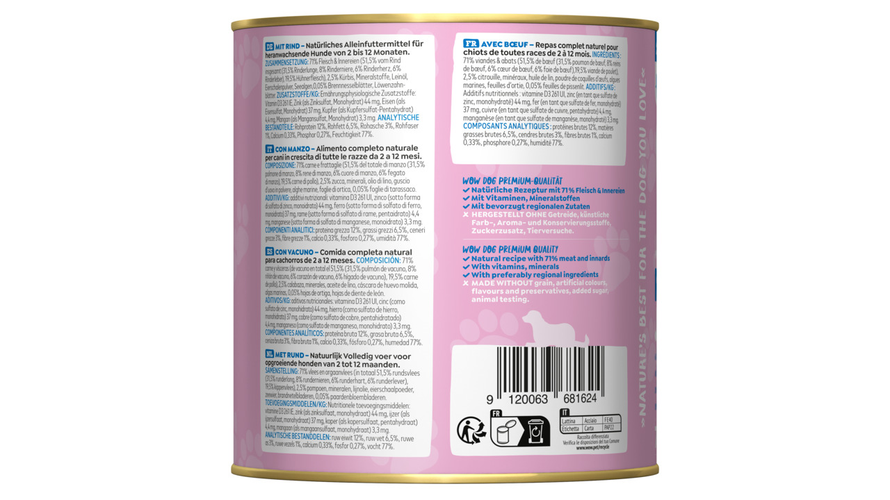WOW DOG Hundefutter, Rind, 71 % Fleisch, für Hunde 2-12 Monate, getreidefrei, mit Vitaminen & Mineralstoffen, 400 g.