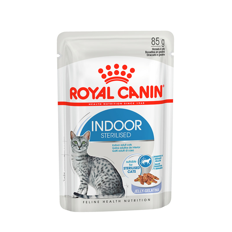 ROYAL CANIN Indoor Sterilised, 85 g, Gelee, für sterilisierte Wohnungskatzen, unterstützt Verdauungsgesundheit.