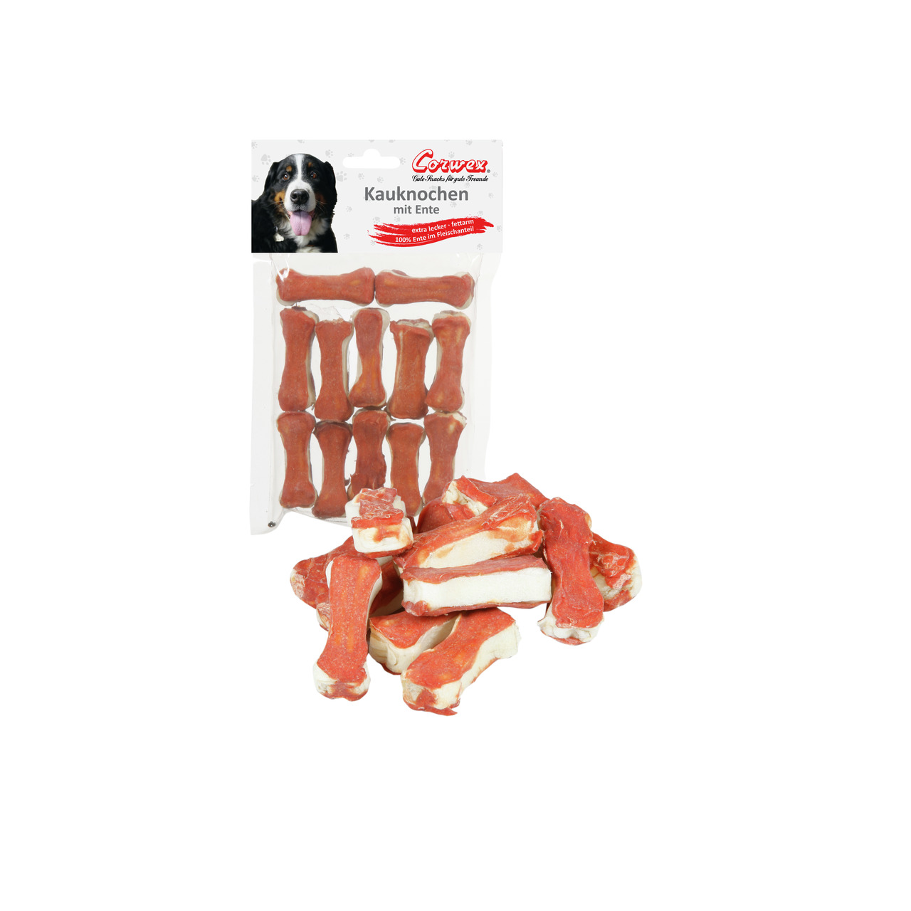 Corwex Kaukknochen für Hunde, Ente, 100 % Entenfleisch, ideal für mittelgroße-große Hunde, mehrere rote Knochen mit weißem Kern.