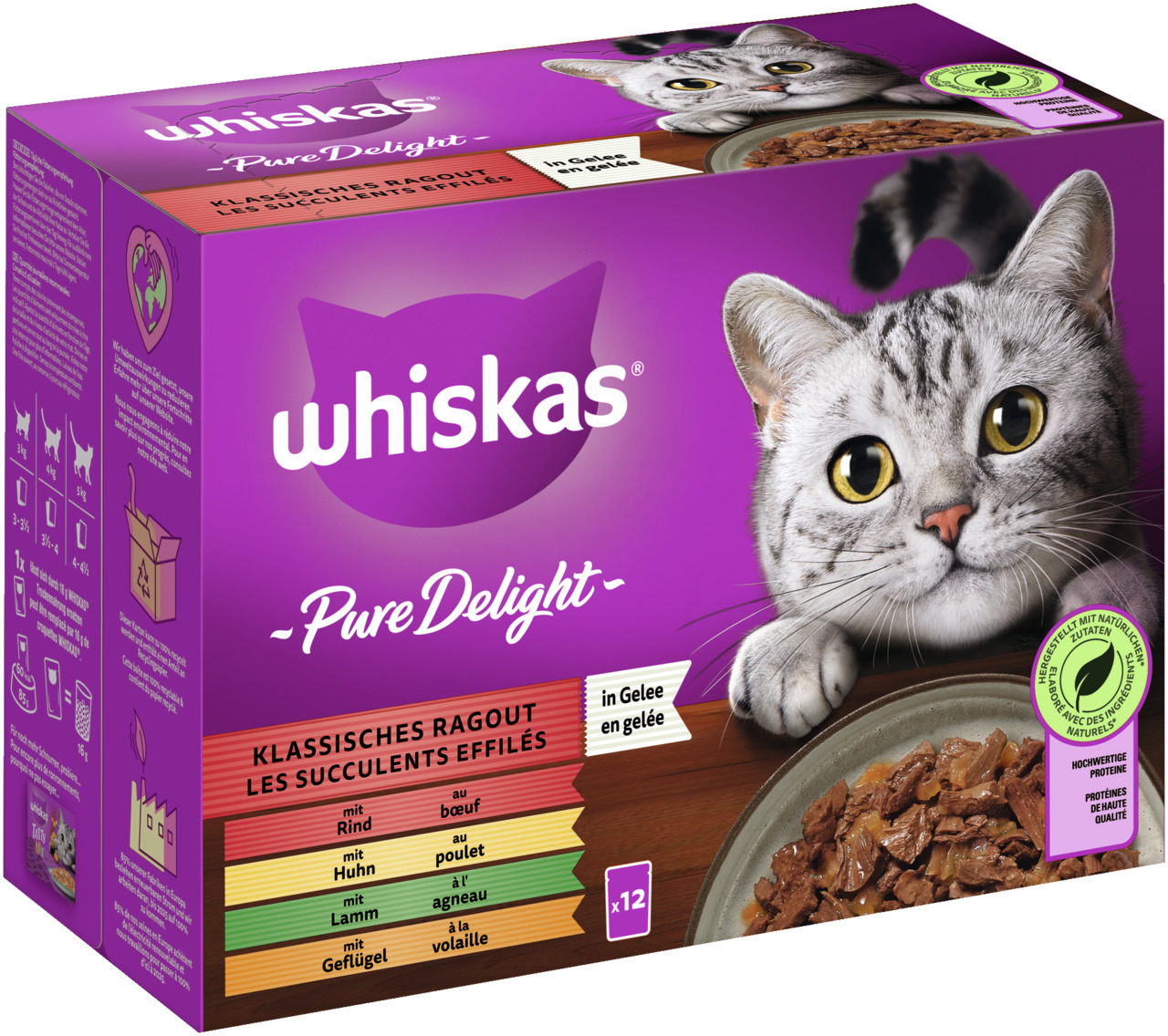 Whiskas Pure Delight Katzenfutter in Gelee, Rind/Huhn/Lamm/Geflügel, 12x Portionsbeutel, natürliche Zutaten, hochwertige Proteine.