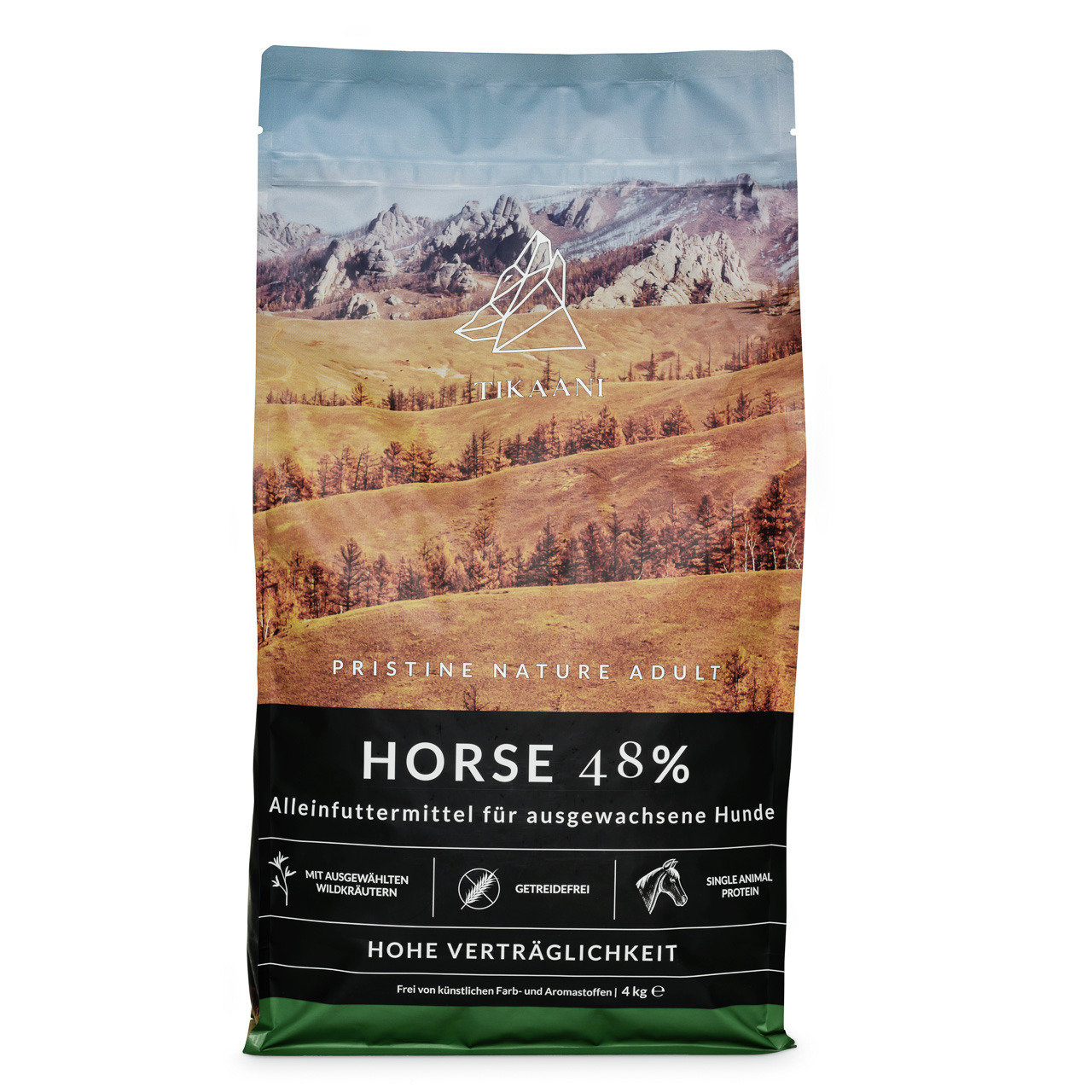 TIKAANI Pristine Nature Adult Horse 48%, 4 kg, getreidefreies Alleinfutter f. Hunde, 48 % Pferdefleisch, hohe Verträglichkeit, ohne Zusätze.